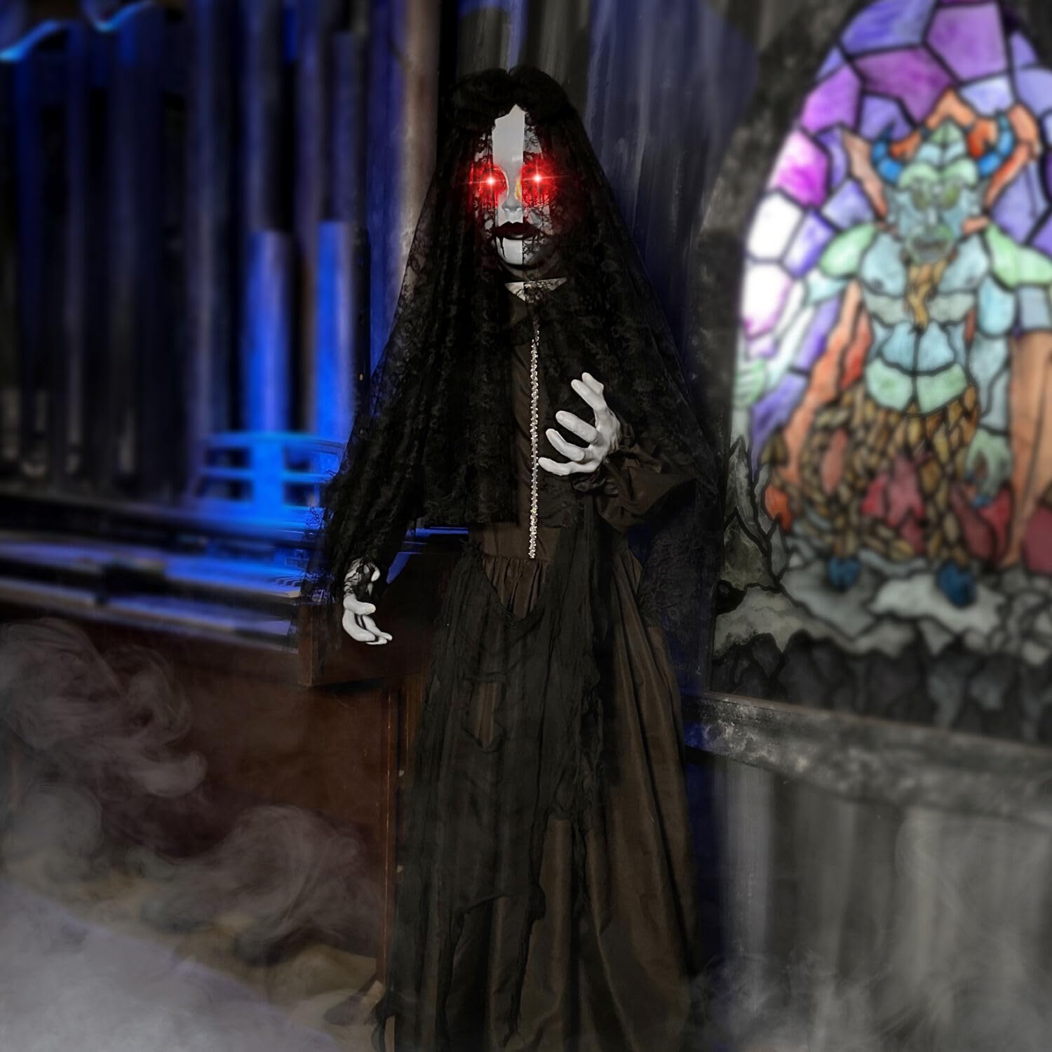 Haunted Hill Farm Lifesize 5.5-Ft Animatronic Scary Demon Bride with Touch Activated Lights and Sound, Battery-Operated Indoor o