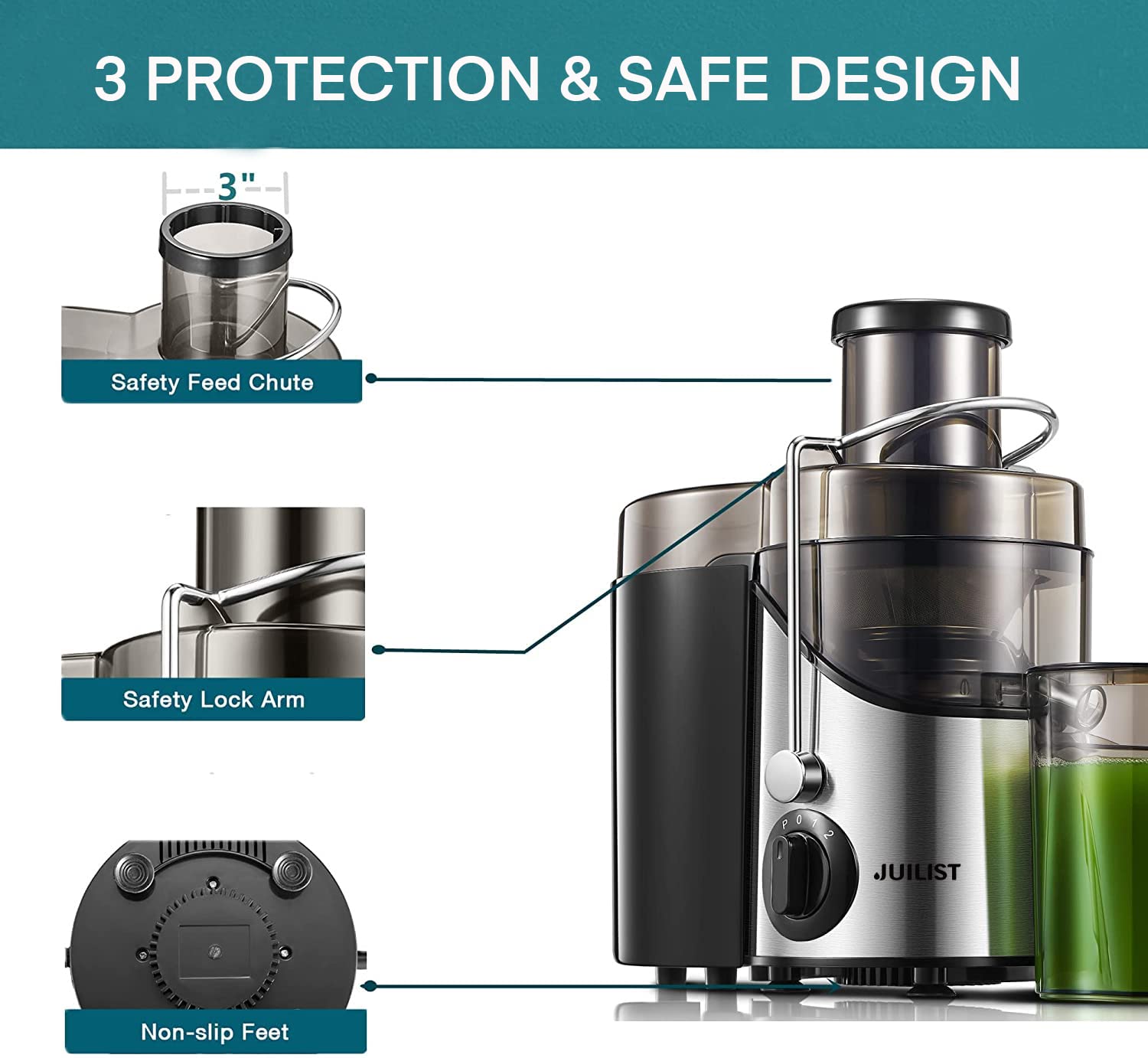 Juicer Machines, Juilist 3'' Wide Mouth Juicer Extractor Max Power 800W, For Vegetable And Fruit With 3-Speed Setting, 400W Moto
