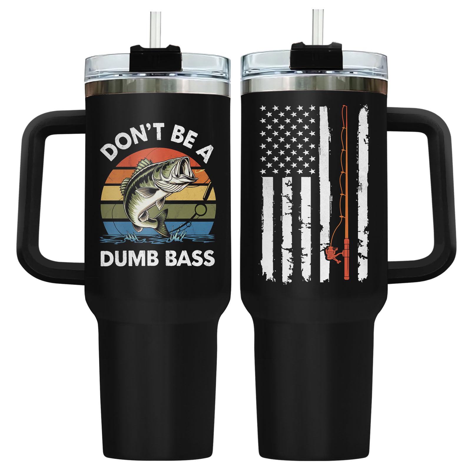 34HD Funny Fishing Tumbler 40oz with Handle Lid and Straw, Dont Be a Dumb Bass Insulated Travel Coffee Cup, Fathers Day Gift for
