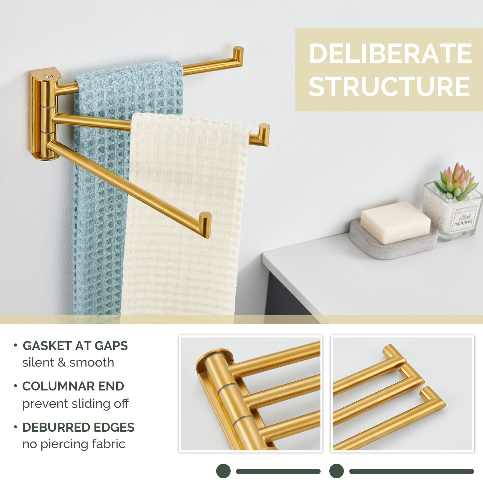 Angle Simple Hand Towel Holder 3 Bars, 304 Stainless Steel Swivel Bathroom Towel Bar, Folding Face Towel Rack Brushed Gold