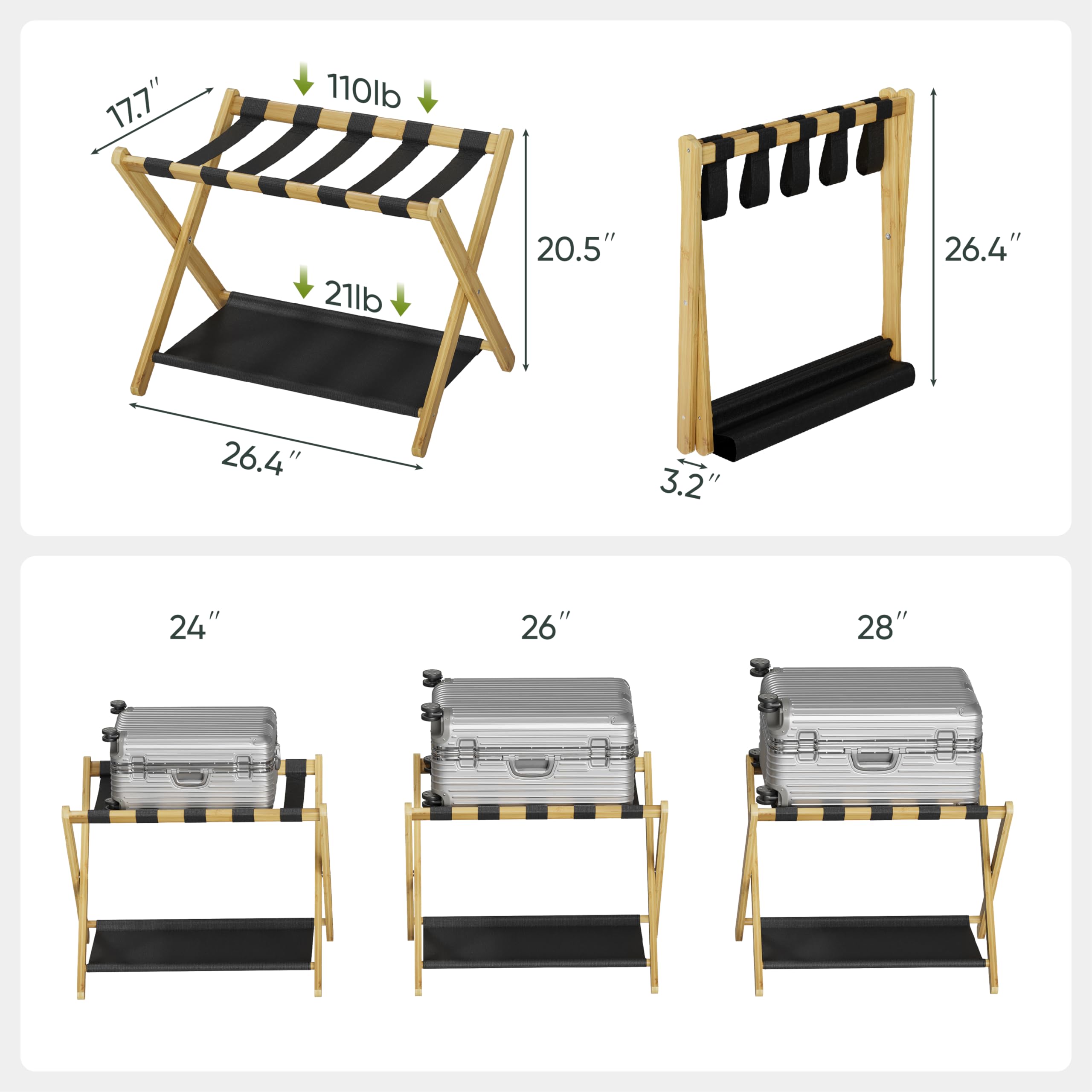 Smart Fendee Luggage Rack, Folding Luggage Rack For Guest Room, Bamboo Suitcase Stand Holds Up To 131 Lb, Luggage Stand With Sto