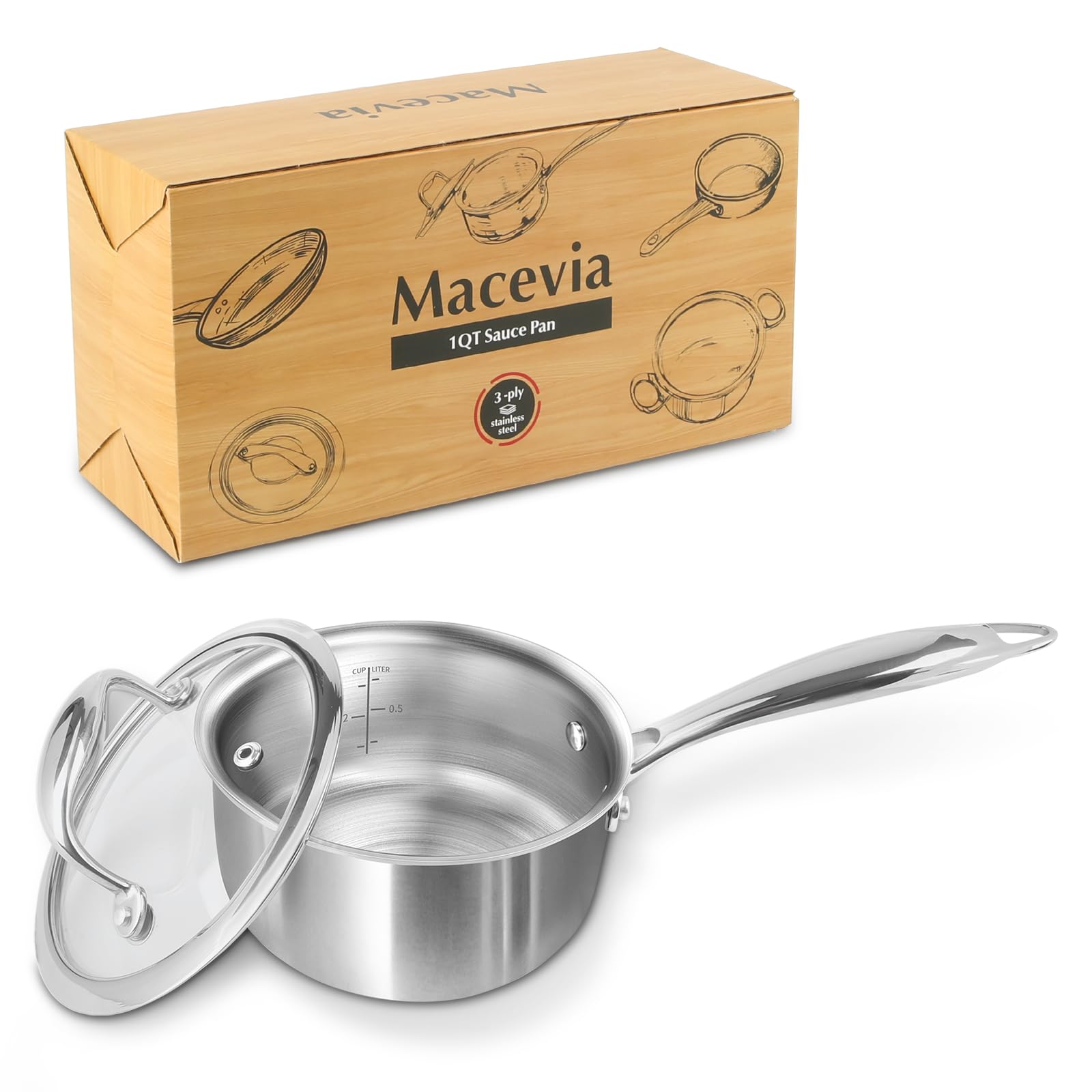 Macevia Sauce Pan with Glass Lid, Stainless Steel Pot with Stay-Cool Handle, Multipurpose Use for Home Kitchen or Restaurant-Sil
