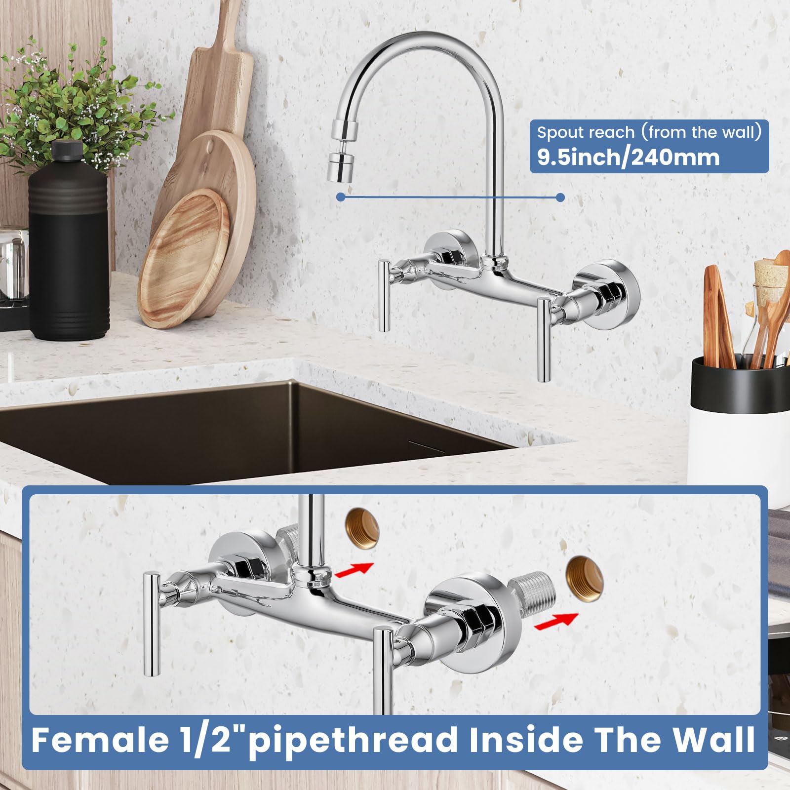 Airuida Chrome Polish Wall Mount Kitchen Sink Faucet Wall Mounted Kitchen Faucet 8 Inch Center Double Handles 360 Degree Swivel