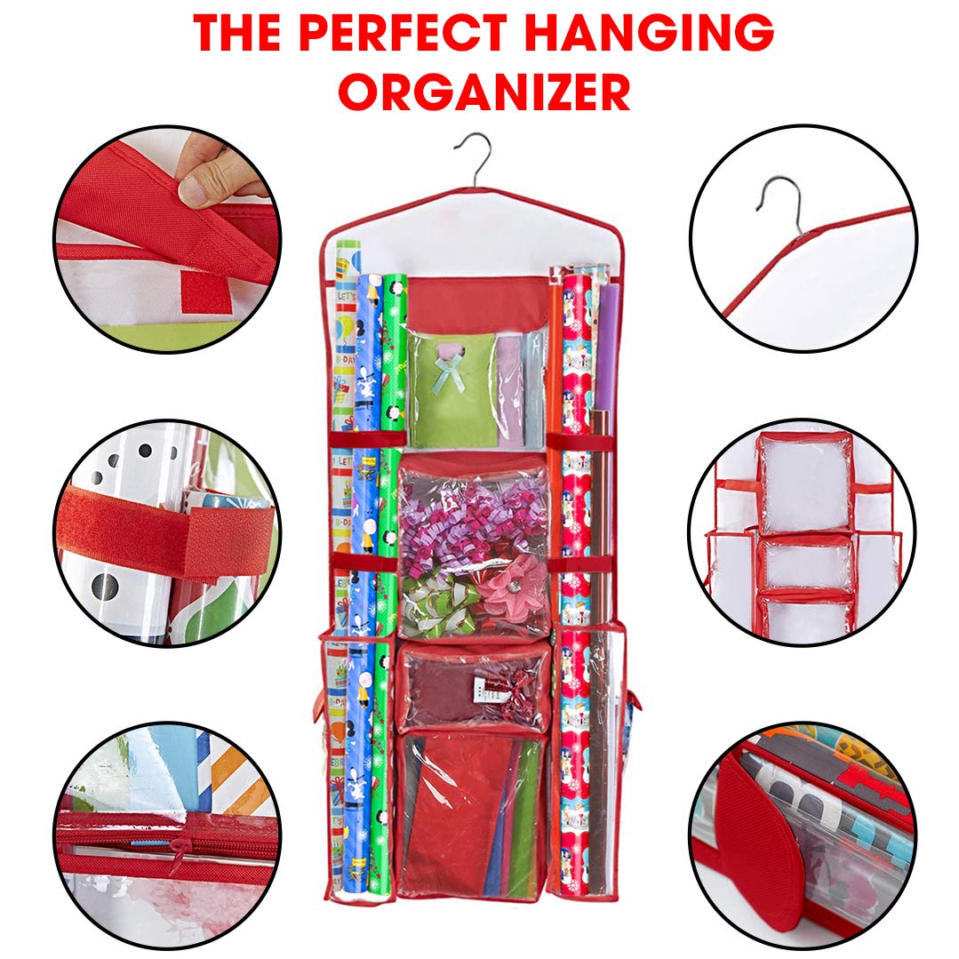 Primode Wrapping Paper Storage Hanging  Gift Wrap Organizer Double Sided  Pockets for Gift Bags  Ribbon  Bows and Accessories  40x17 Fits 40 Inch Rolls  Clear PVC Bag (Red)