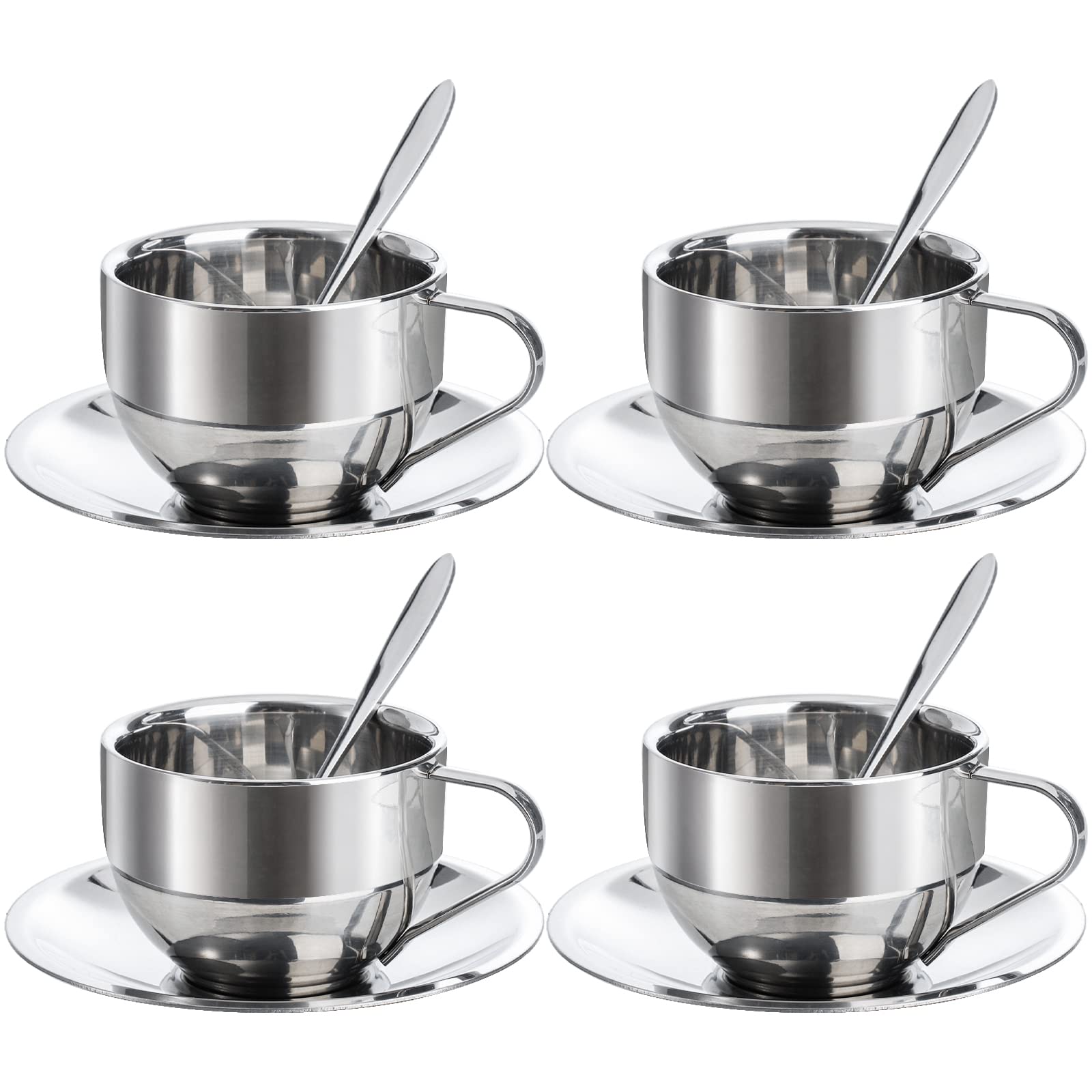 Okllen 4 Pack Stainless Steel Coffee Cup Set, 6 Oz Coffee Mugs with Spoon and Saucer, Double Walled Espresso Cups Mugs for Coffe