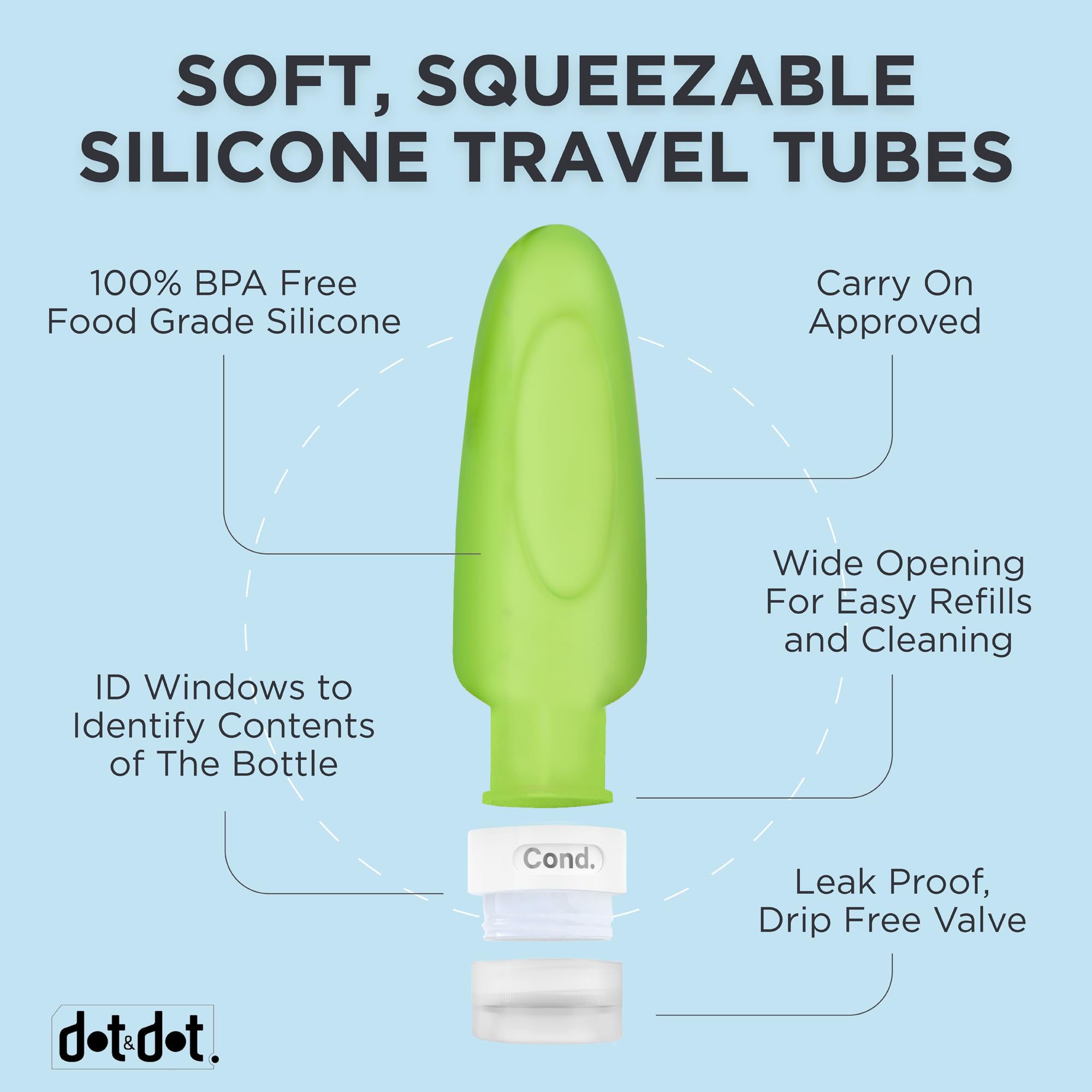 Dot&Dot Leak Proof Travel Bottles for Toiletries - 4 Pack Silicone Travel Toiletry Bottles - 3oz Shampoo and Conditioner Travel Bottle with TSA Quart Bag - 3 oz Travel Bottles with Labels