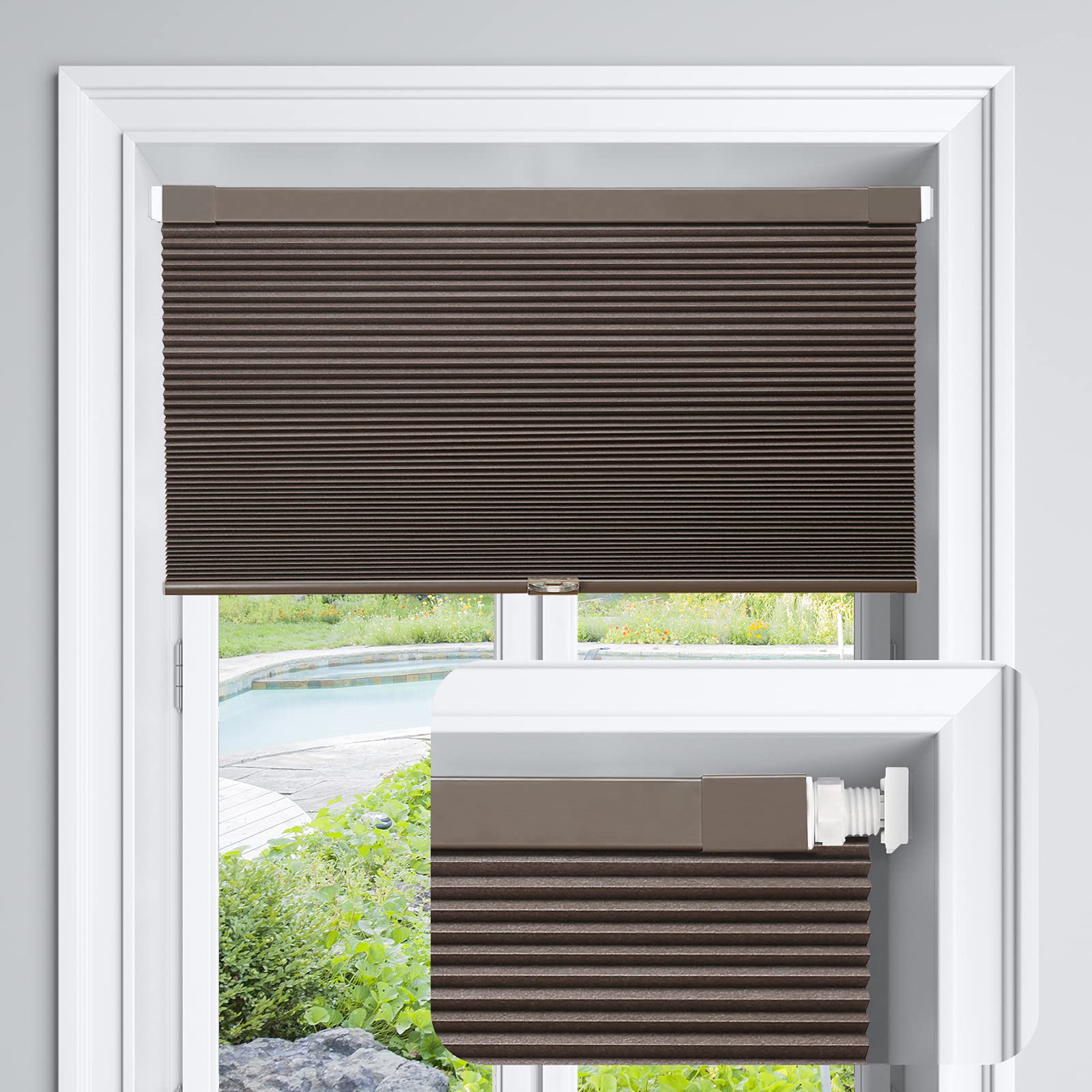 LazBlinds Cordless Cellular Shades, No Tools No Drill Blackout Honeycomb Shades Pleated Blinds for Windows, 21 W x 64 H, Dark Co
