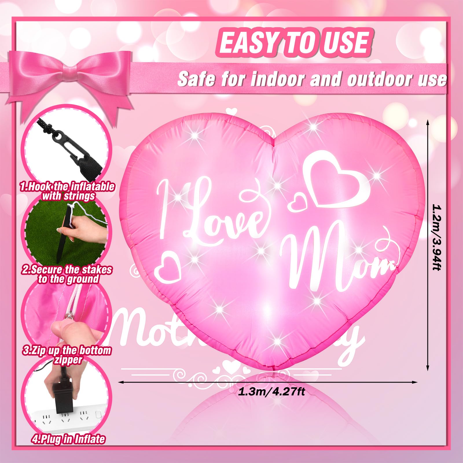 VIHOSE 3.9 Ft Mother  s Day Inflatables Decoration I Love Mom Blow Up Decor Heart LED Lights Inflatable Decor for Outdoor Yard G