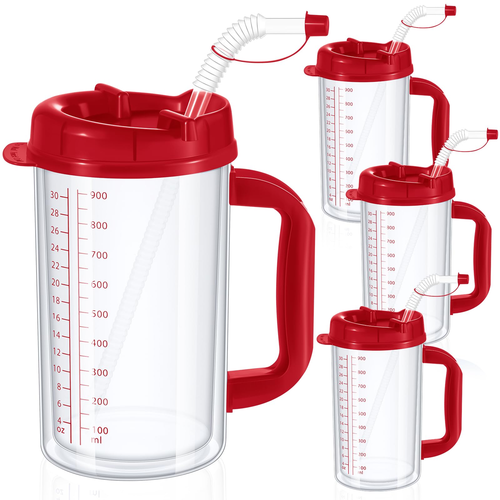 Kritkin 32 oz Hospital Cup with Straw Lid, Red, 4 Pcs