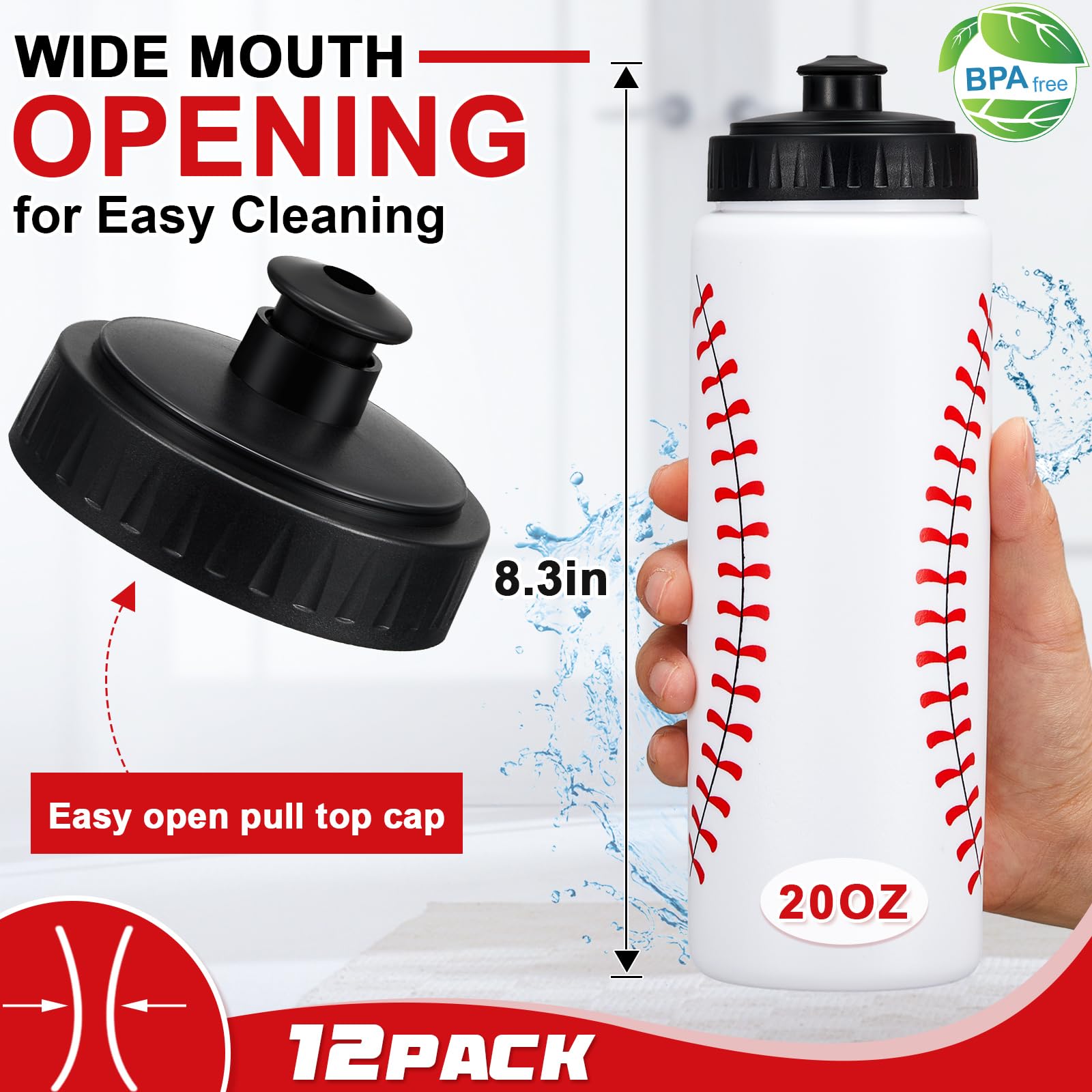 Yaomiao 12 Pcs Baseball Water Bottle Bulk Reusable Baseball Sports Bottle 20 Oz Squeeze Water Bottles Baseball Accessories Gifts