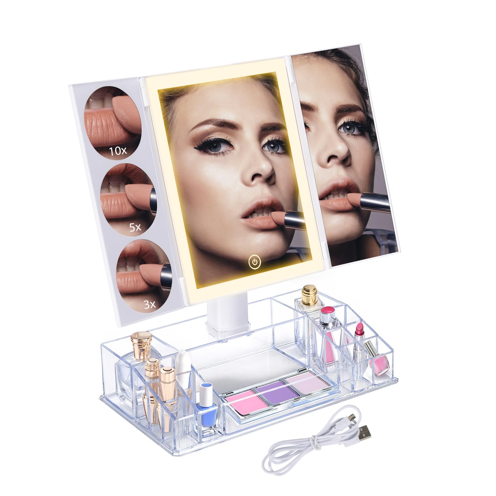 Trifold Lighted Makeup Mirror With Magnification 1X, 3X, 5X, 10X, Clear Cosmetic Storage Organizer, 3 Way Dressing Vanity Mirror