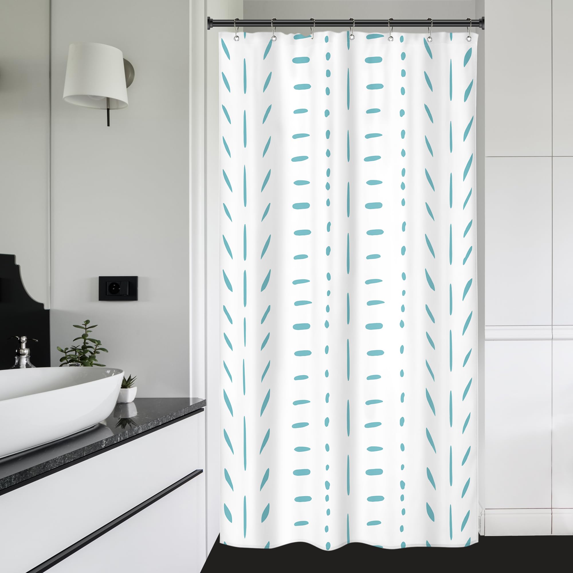 Riyidecor Stall Small Boho Teal Half Size Shower Curtain Striped Geometric Chevron Herringbone 36Wx72H Inch Single Narrow Tiny W