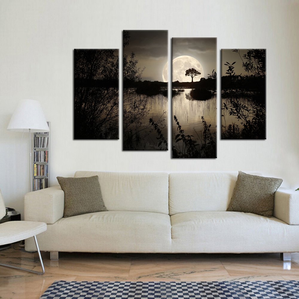 Kreative Arts - 4 Pieces Canvas Prints Wall Art Big Moon Over Lake In Dark Forest Modern Canvas Painting Landscape Picture Peace
