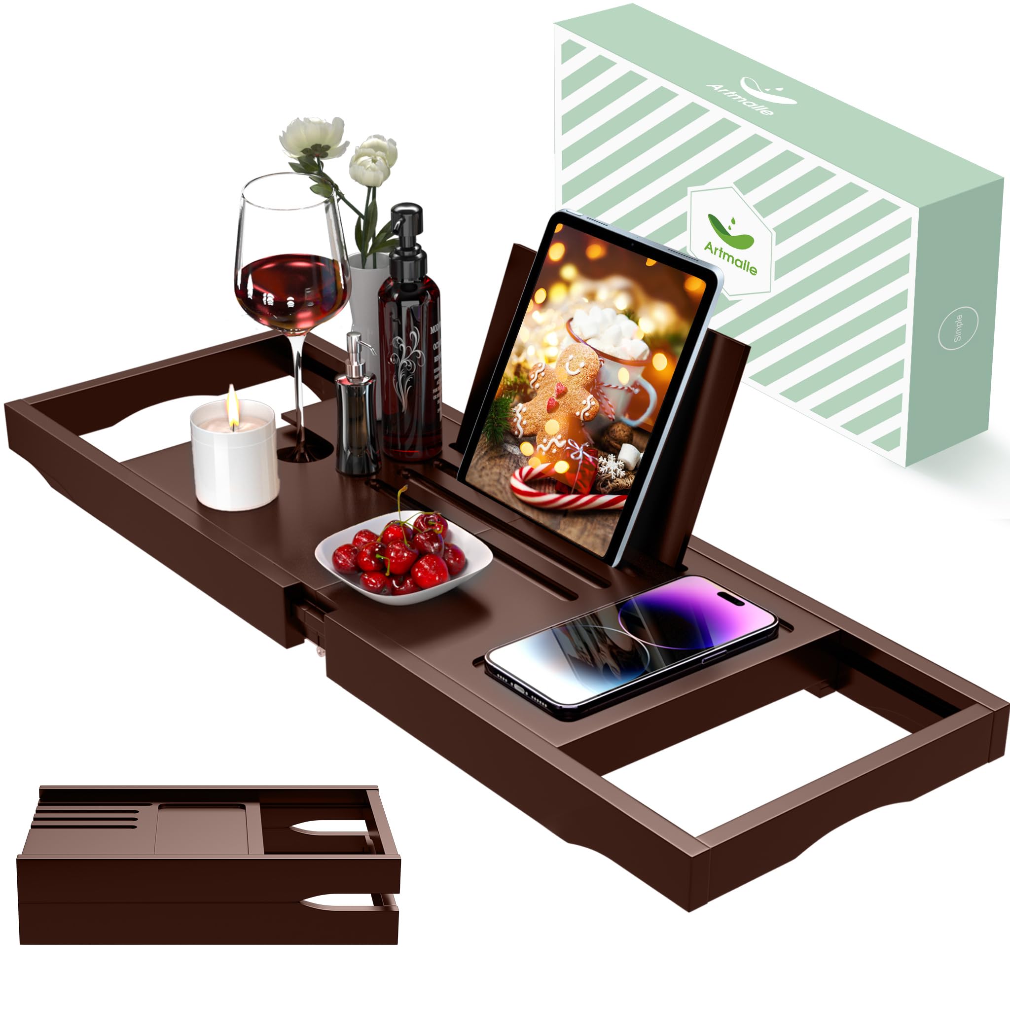 Artmalle Bathtub Tray For Tub, Expandable Bamboo Bath Caddy Tray With Book Stand For Home Spa Relaxing, Foldable Minimalist Bath