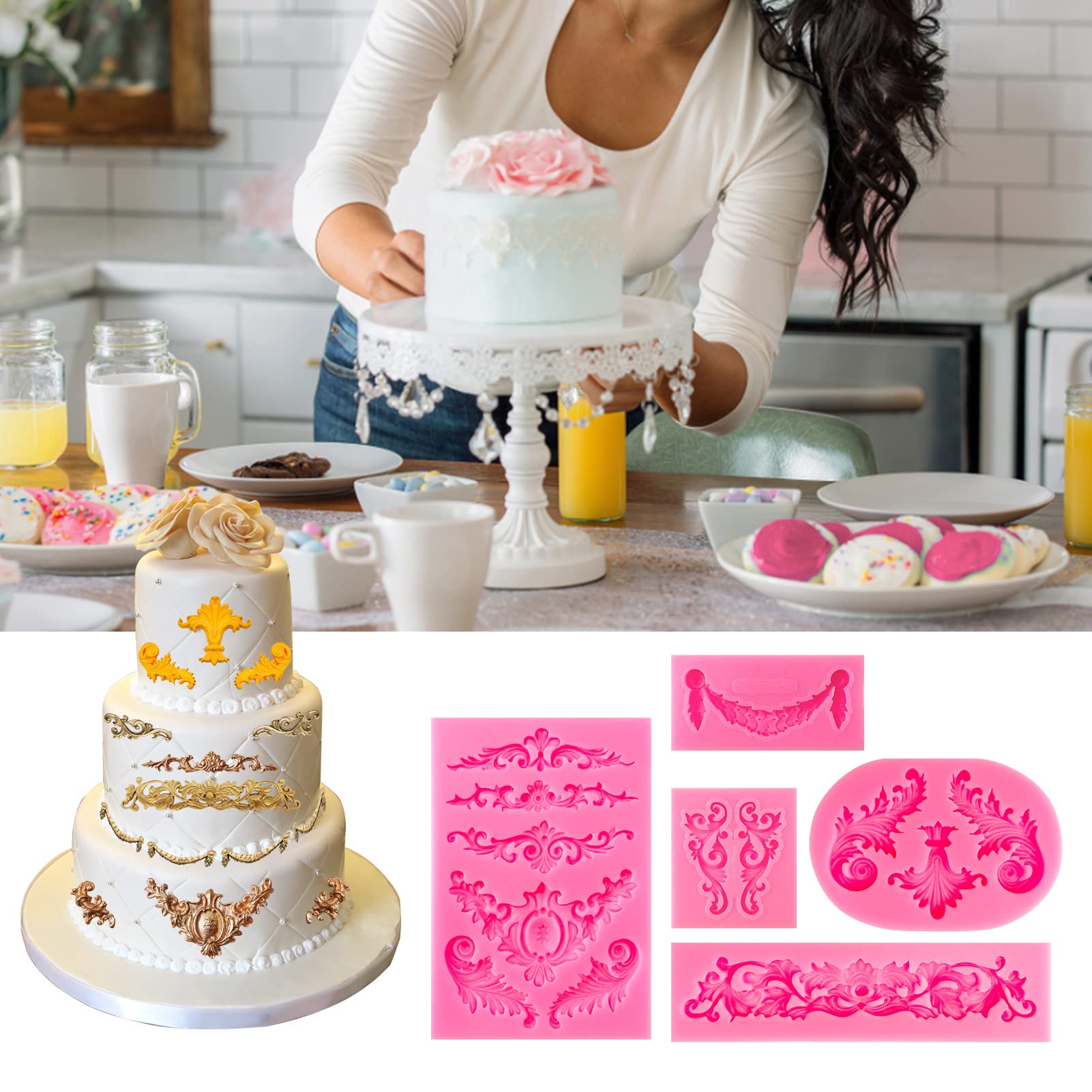 Baroque Style Silicone Molds, Curlicues Scroll Lace Fondant Molds, Vintage Relief Flower Mould Filigree 3D Clay Mold For Gummy S