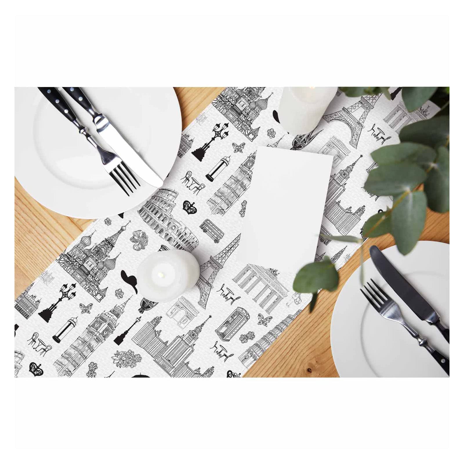 Hosnye Table Runner Europe Travel Famous Places Hand Drawn Map,Cotton Linen Table Runner Decoration For Kitchen Family Dinner Ta
