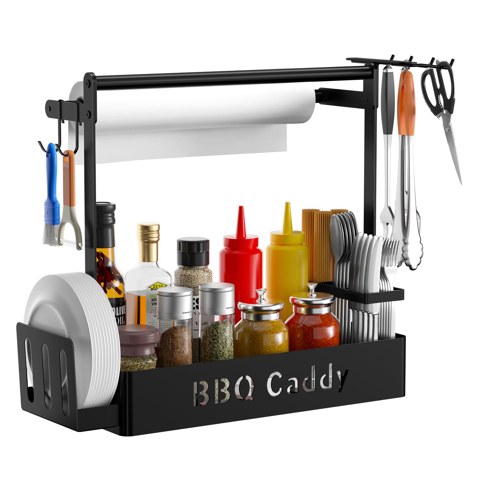 Zddloinp Grill Caddy, Bbq Caddy With Paper Towel Holder For Plate Cutlery, Flatware Caddy Picnic Condiment Caddy With 4 Hooks, G