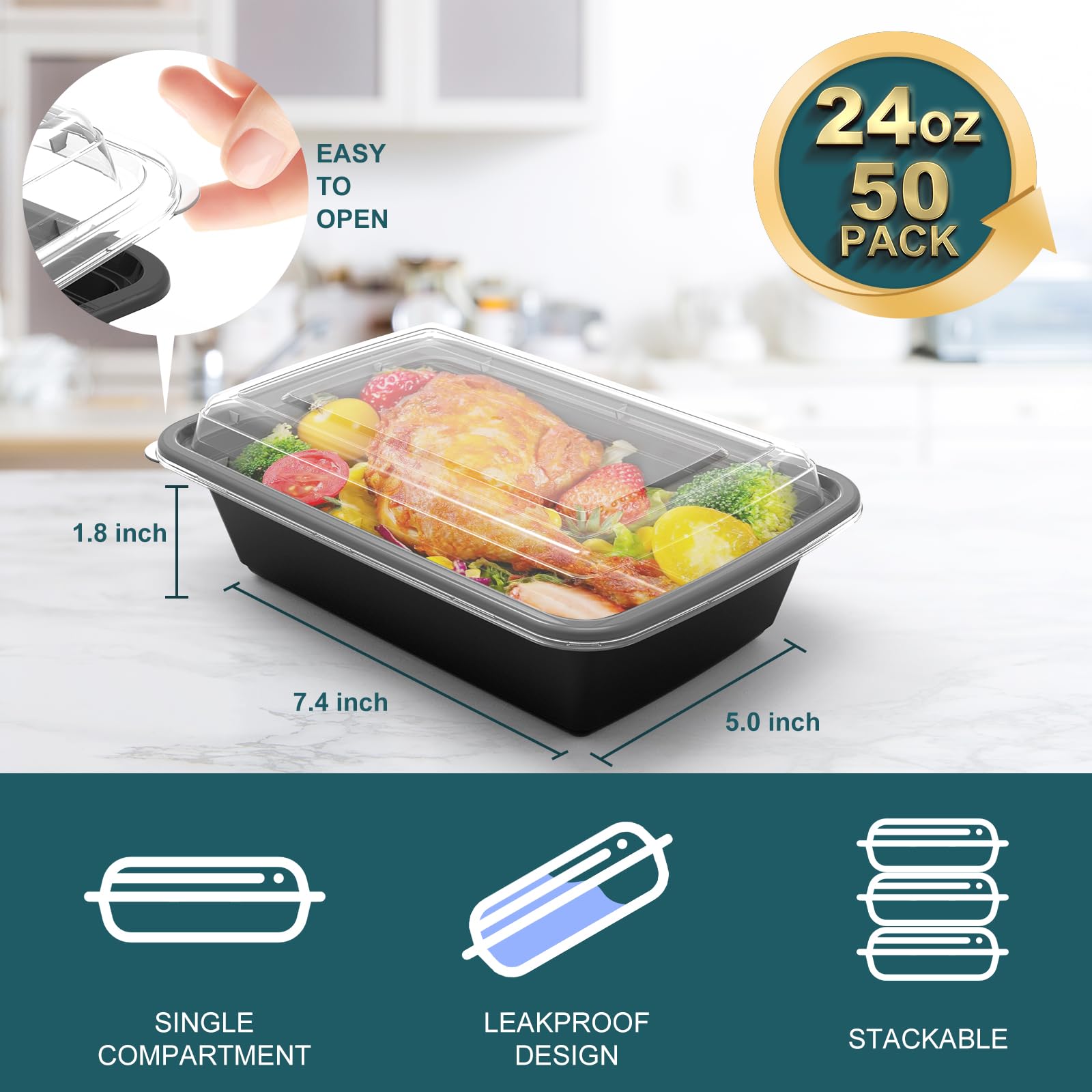 Wgcc Meal Prep Containers, 50 Pack Extra-Thick Food Storage Containers With Lids, Disposable & Reusable Plastic Bento Lunch Box,