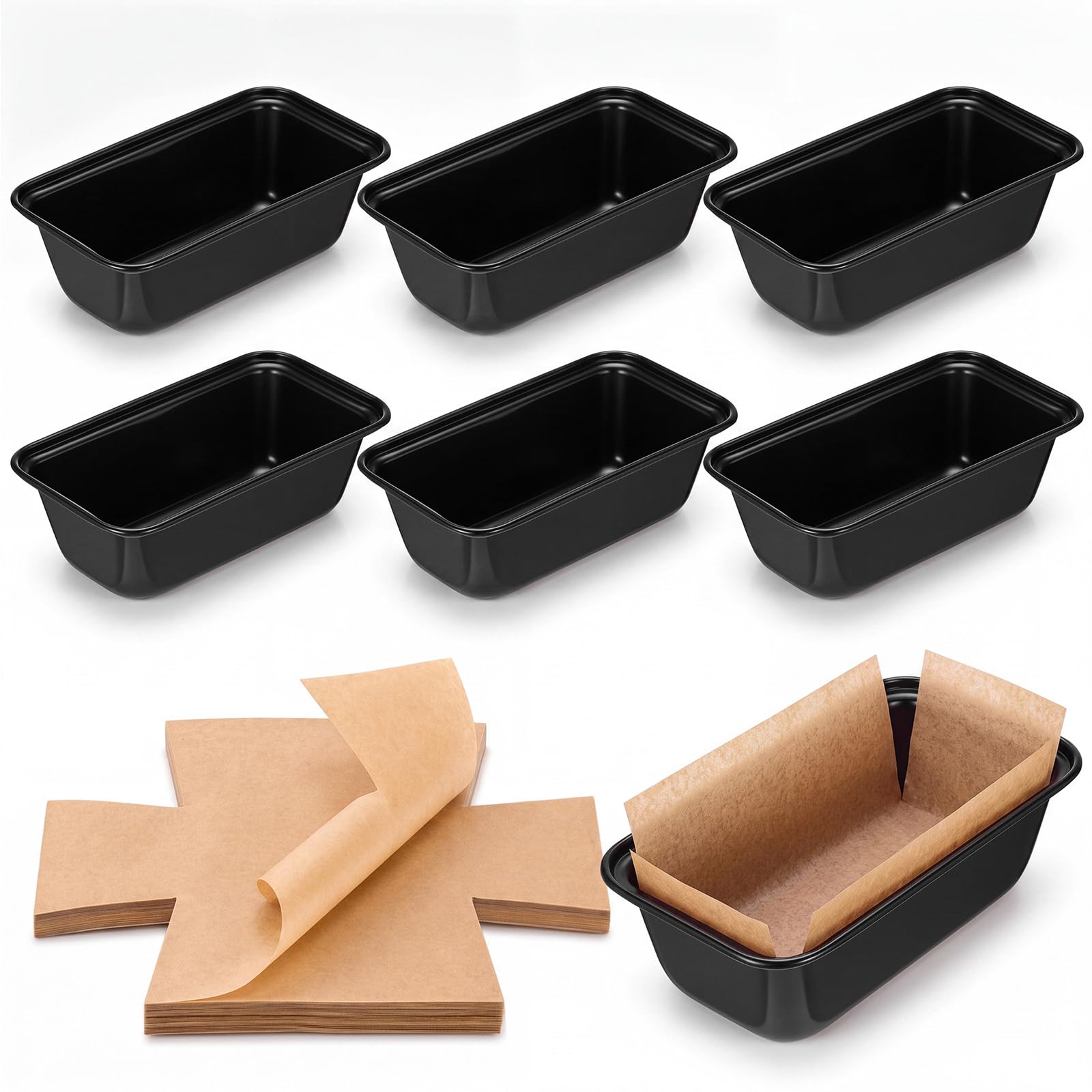 Ferrochef 6 x 3 Loaf Pan with Liners 6 Pcs Mini Bread Pan and 100 Pcs Loaf Liners for Homemade Oven Baking Rectangular Carbon St