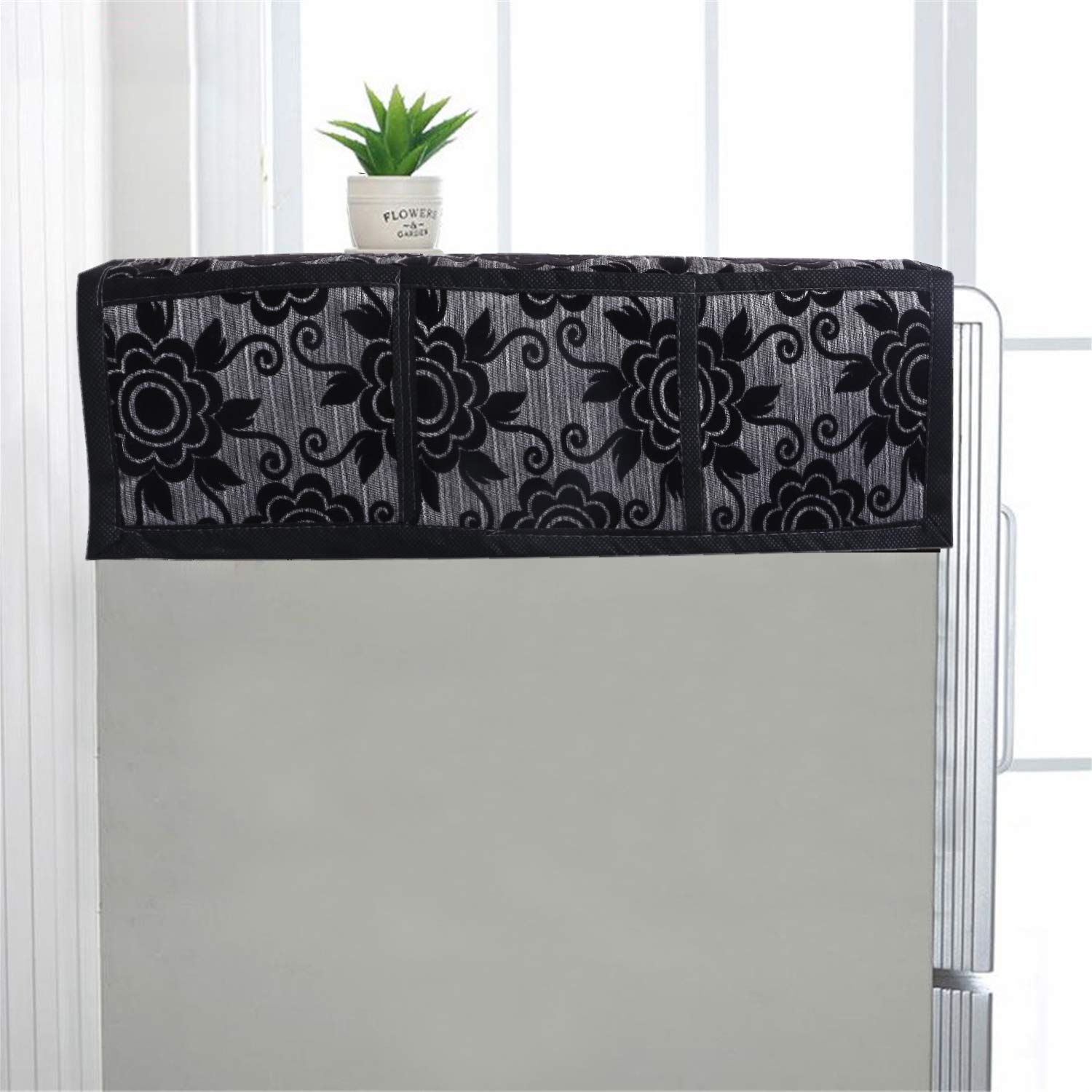 Kuber Industries Floral Design Cotton Fridge Top Cover 37''X21'' (Black), Ctktc013848