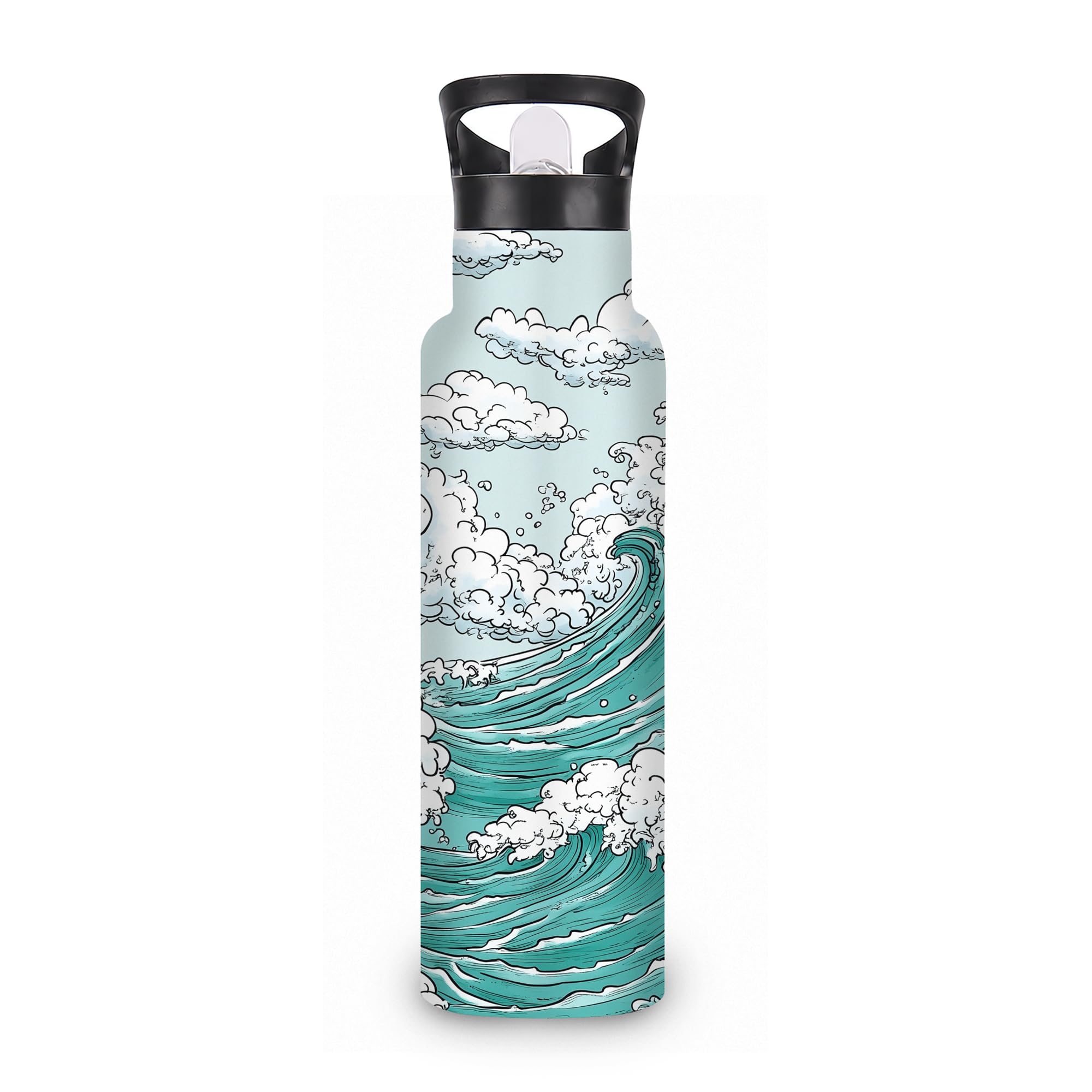 ICRICR Insulated Water Bottle,Ocean Wave 20 oz Stainless Steel Water Bottles with Straw Lid,Japanese Style Leak Resistant Double