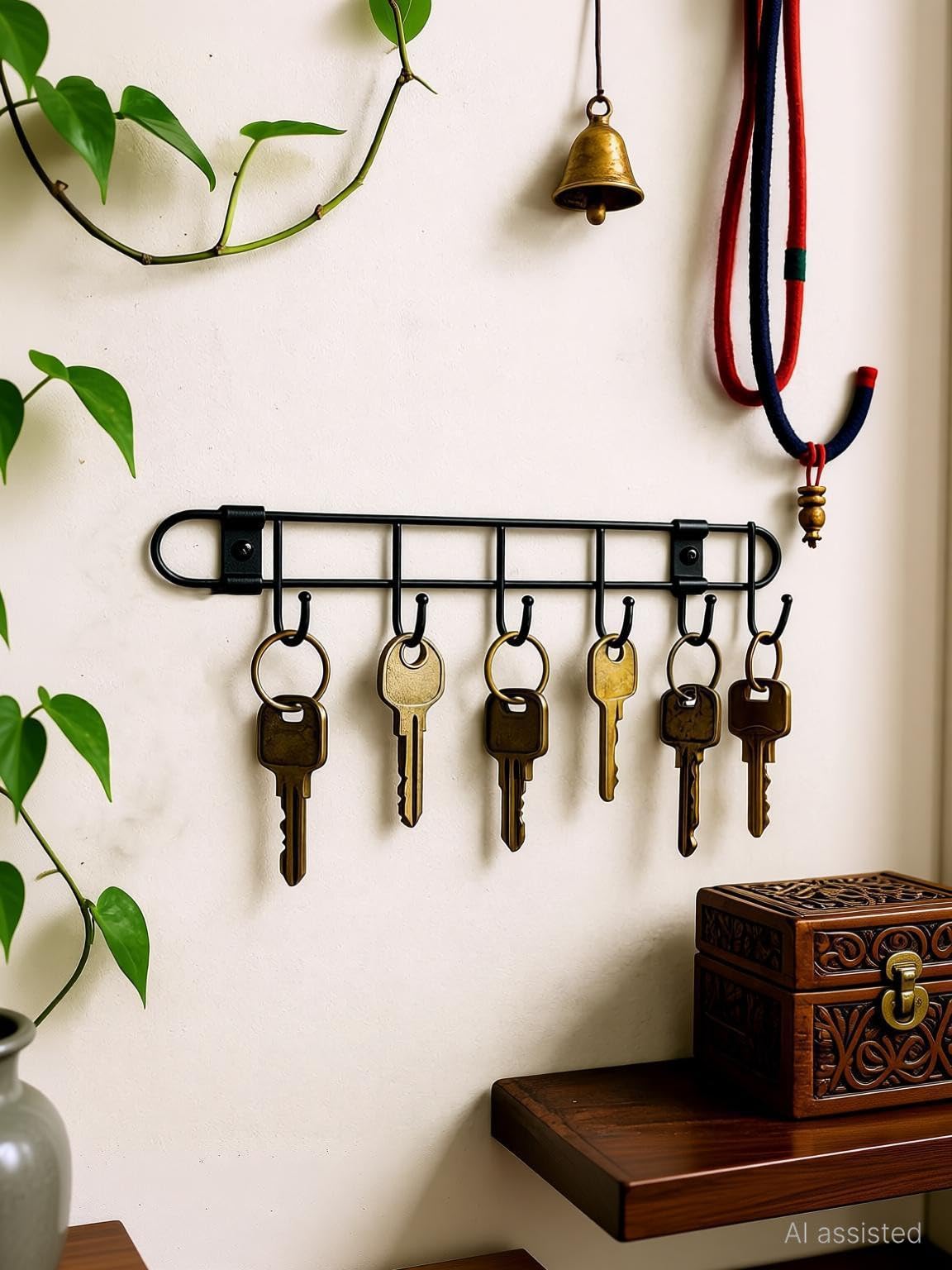 DXDT Key Holder Wall Mounted with 6 Hooks, Drill Free, Carbon Steel, Black, Kitchen Utensil Hanger Stand