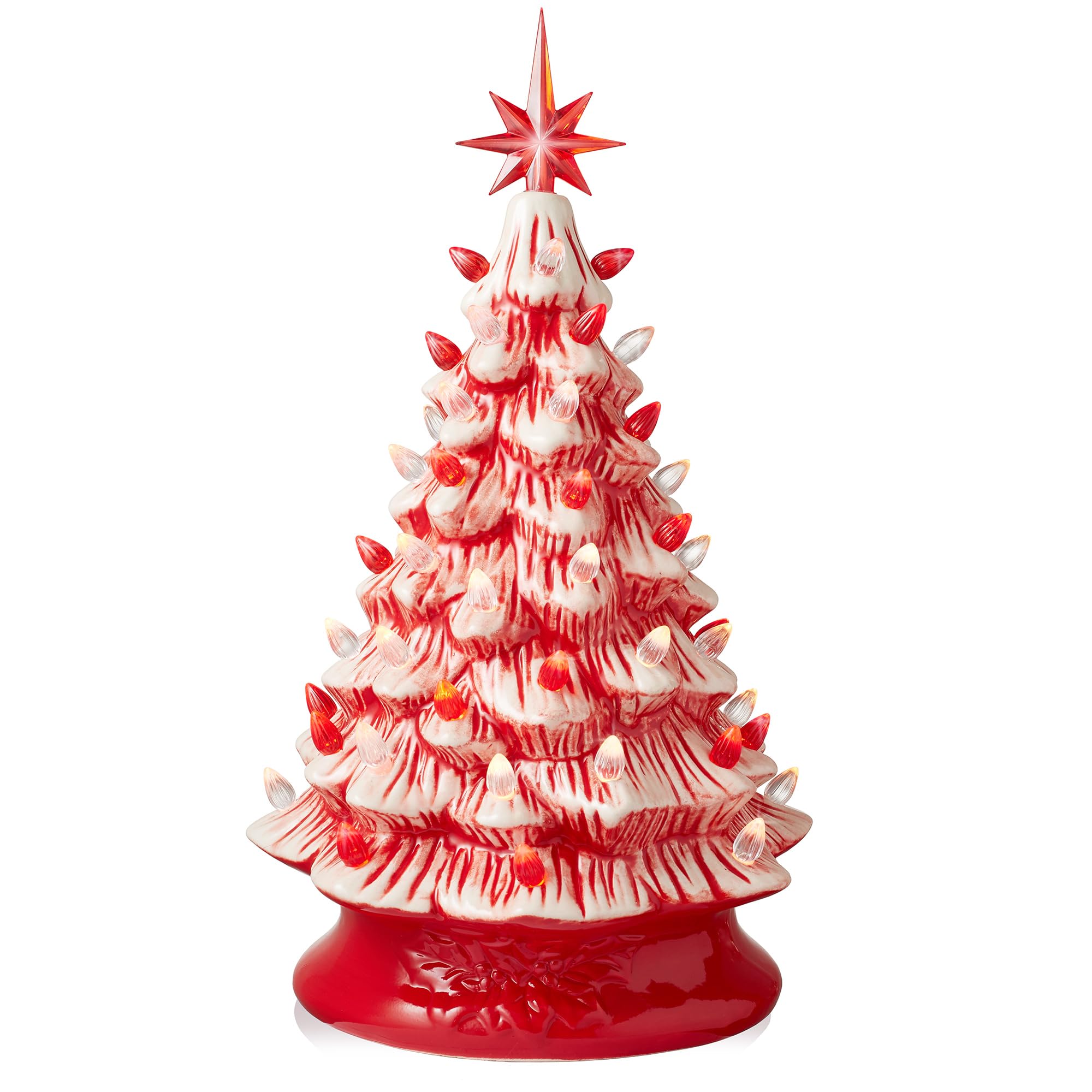 Casafield Hand Painted Ceramic Christmas Tree, Red and White Peppermint 15-Inch Pre-Lit Tree with 128 Red and Clear Lights, 2 St