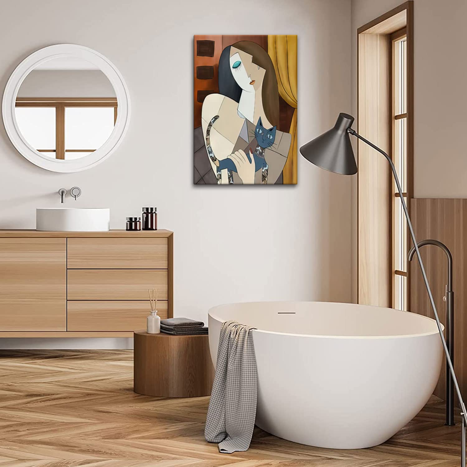Framed Picasso Wall Art Nordic Abstract Girl and Cat Canvas Wall Art Bohemian Canvas Prints The Dream Girl with Cat Picture Modern Wall Decor for Hotel Rooms Bedroom Poster 12''* 16''