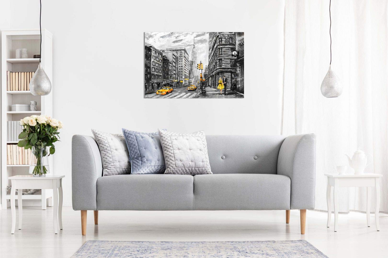 Black White Yellow New York City Oil Painting Canvas Wall Art Picture Print (36X24In)