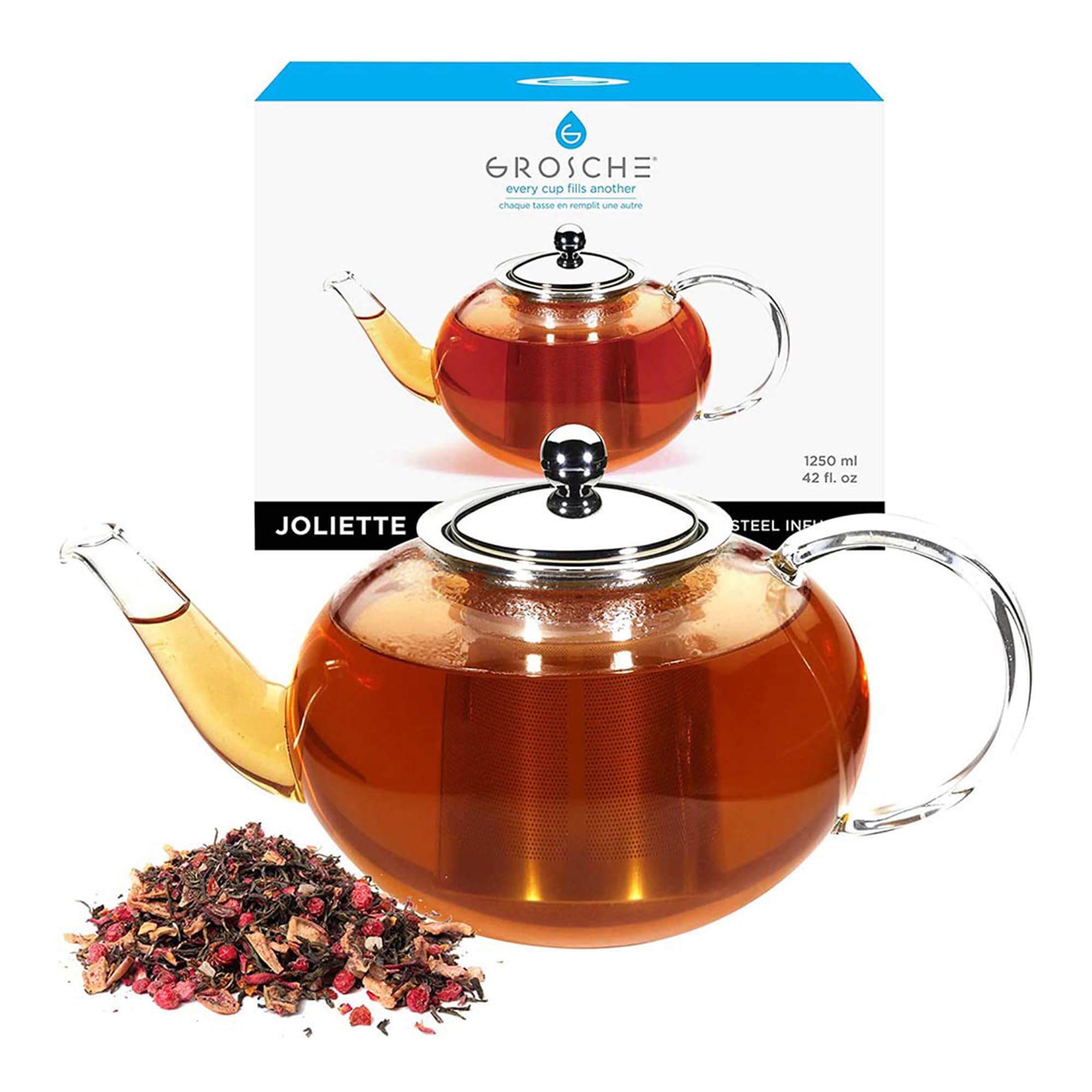Grosche - Joliette Clear Glass Teapot With Reusable Stainless Steel Infuser - For Blooming, Herbal & Loose Leaf Tea - Dishwasher