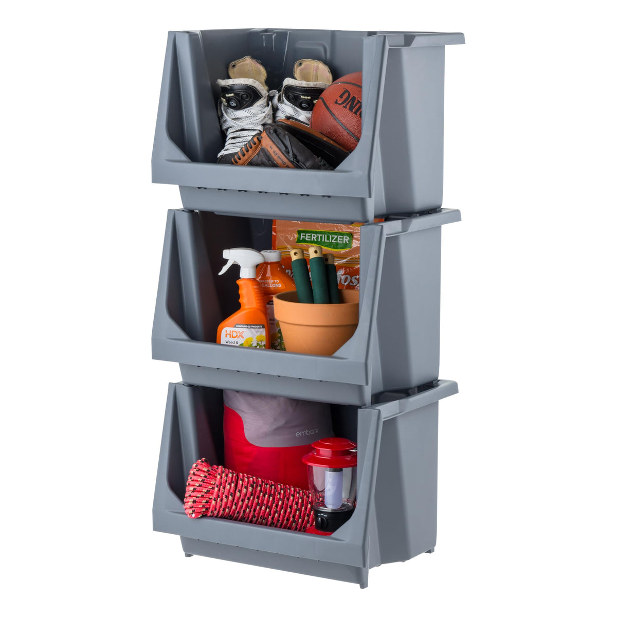 Iris Usa Stackable Storage Bins Open Front, Medium - 3 Pack, Heavy Duty Garage Organization, Husky Storage Bin, Tools Garden Hos
