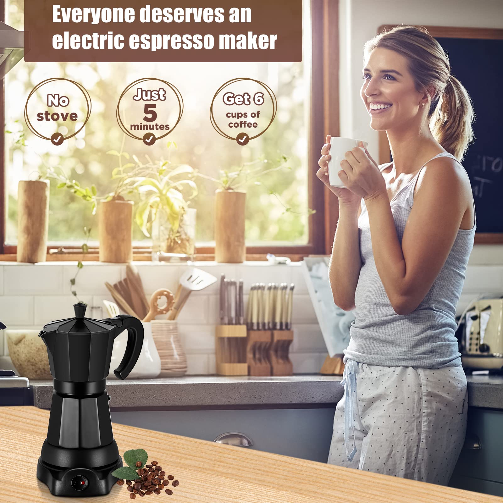 SHANGSKY Electric Moka Pot 6 Cup, Portable Aluminum Espresso Maker, Black, Model CO-01