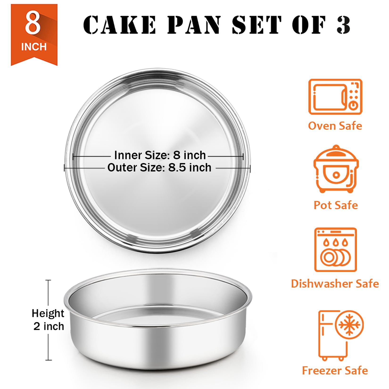 8 Inch Cake Pan Set, 3 Pcs P&P Chef Round Baking Pans Stainless Steel Layer Birthday Wedding Cake Pans, Fit Oven/Pots/Pressure C