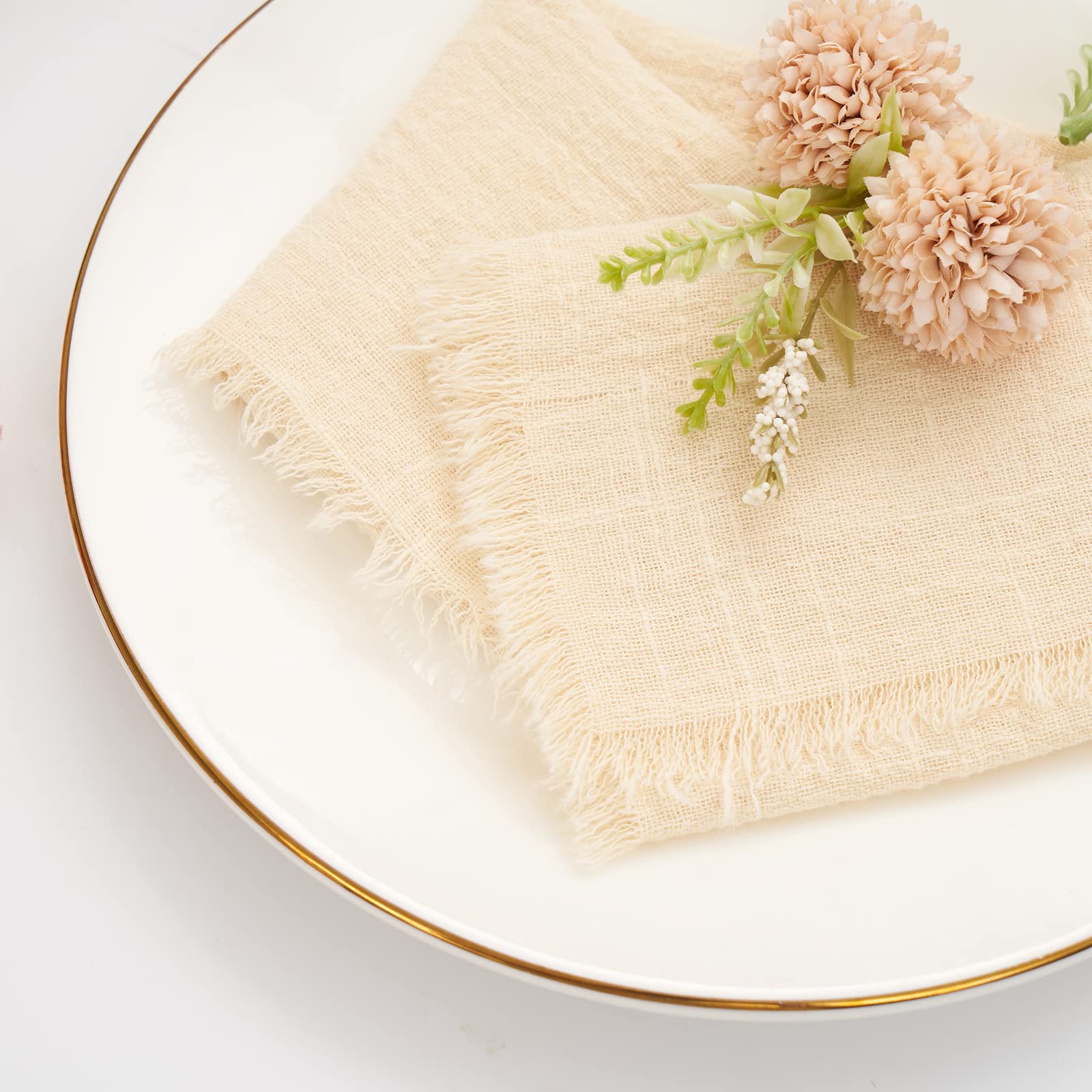 Handmade Cloth Napkins With Fringe Beige, 16X16 Inches Cotton Napkins With Fringe Set Of 24,Delicate Rustic Dinner Napkins Bulk