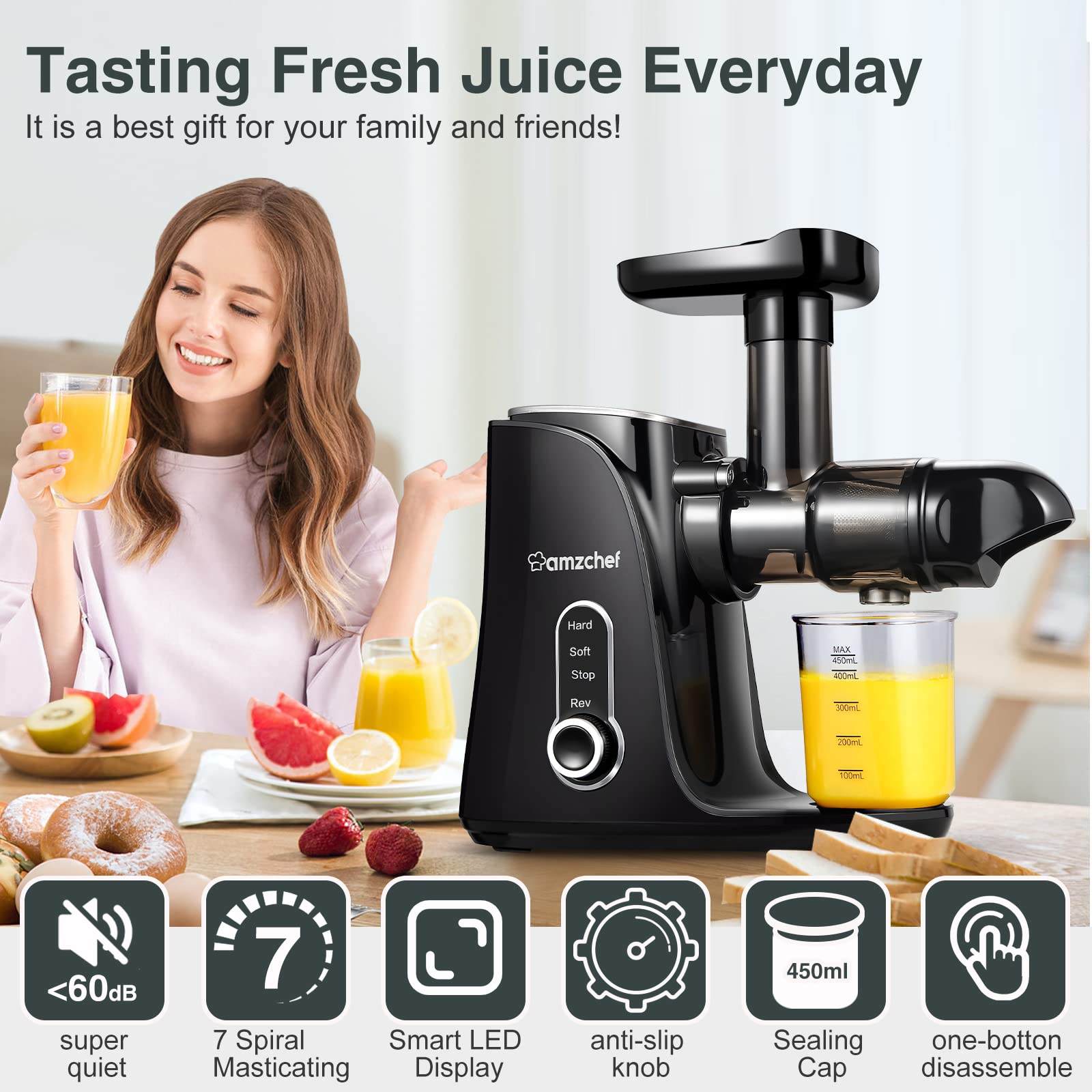Juicer Machines, Amzchef Slow Cold Press Juicer With 2 Speed Modes, Travel Bottles(500Ml),Easy To Clean Brush & Quiet Motor For