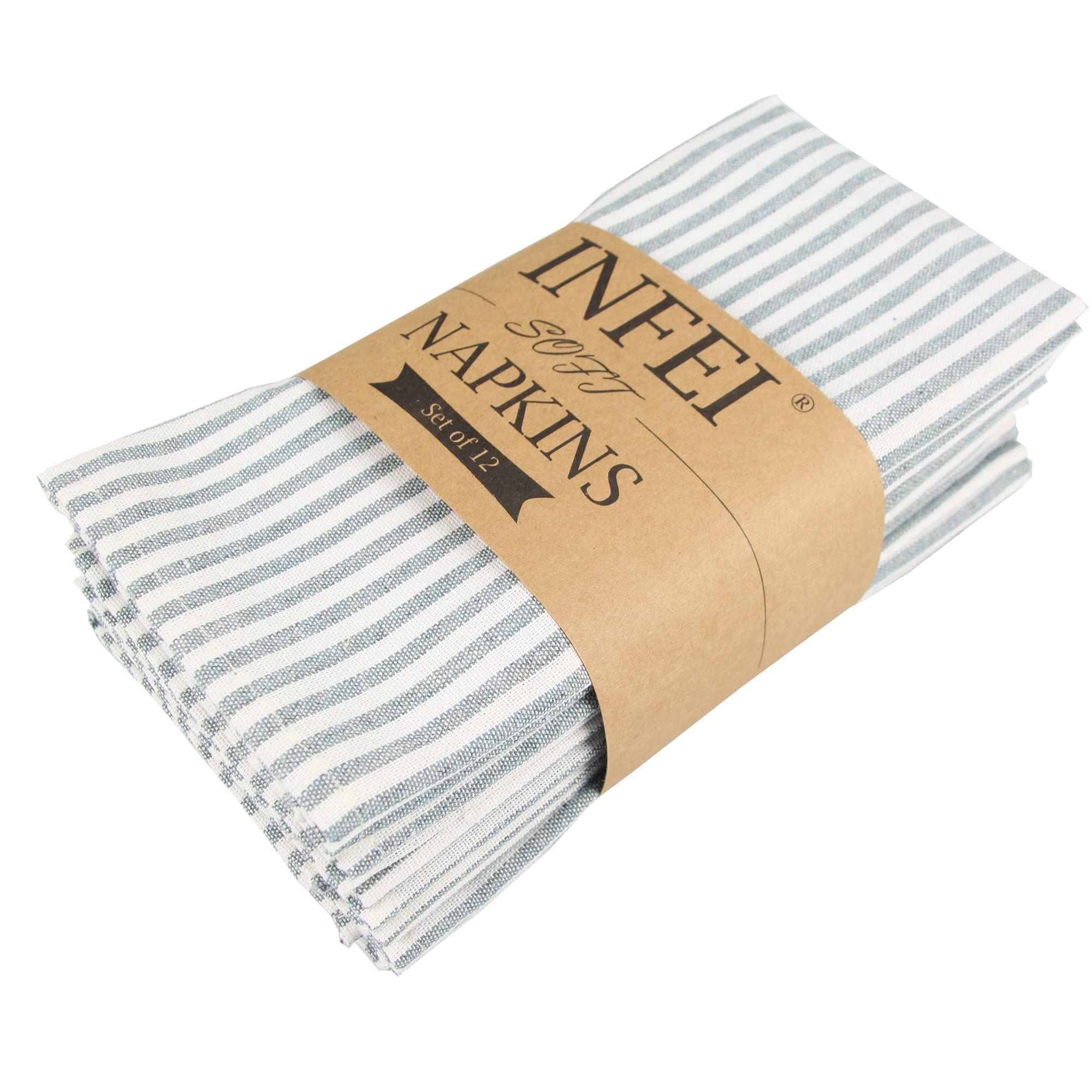 Infei Plain Striped Cotton Linen Blended Dinner Cloth Napkins - Set Of 12 (17 X 17 Inches) - For Events & Home Use (Ocean)