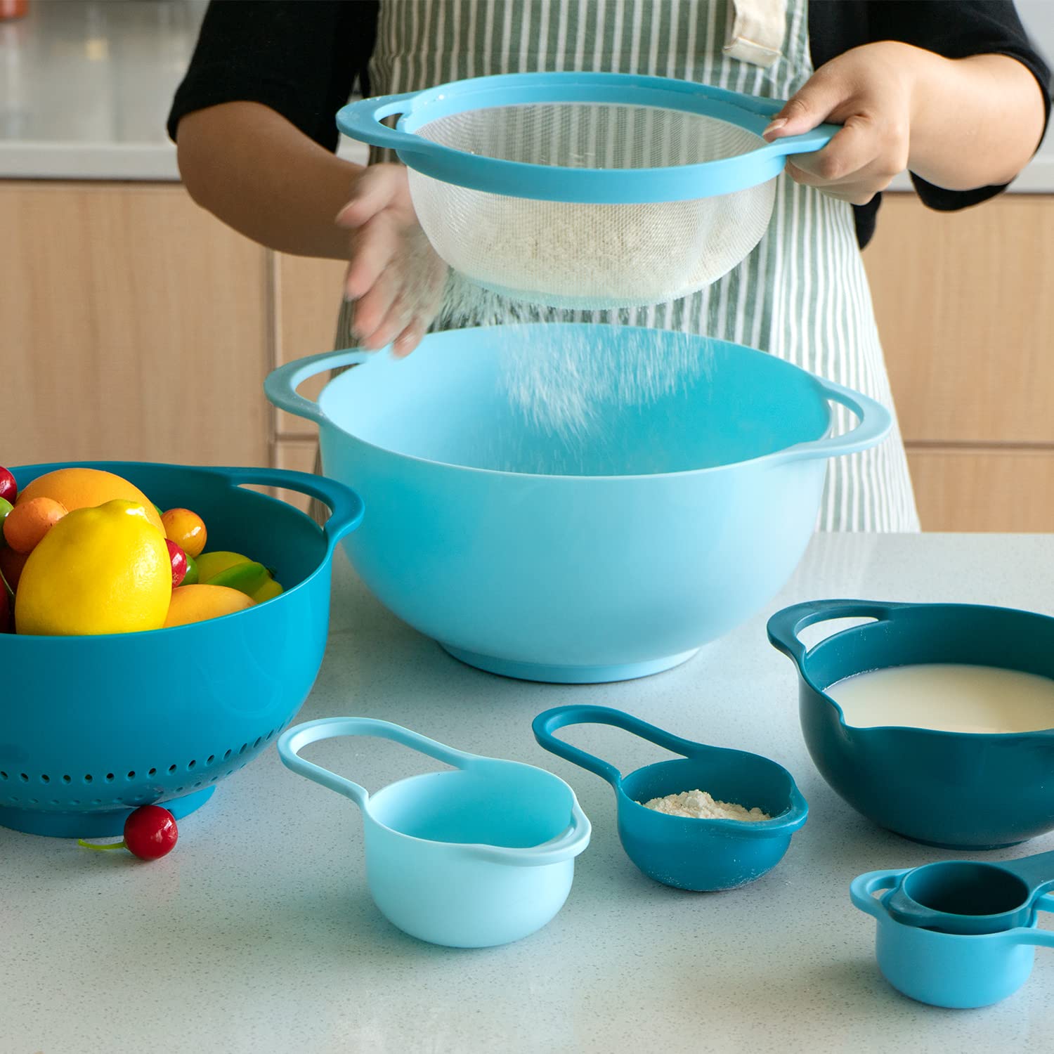 Mixing Bowls-Plastic Nesting Mixing Bowl Set Of 8, Kitchen Gadgets For Apartments Space Saving, Including Measuring Cups Sifter