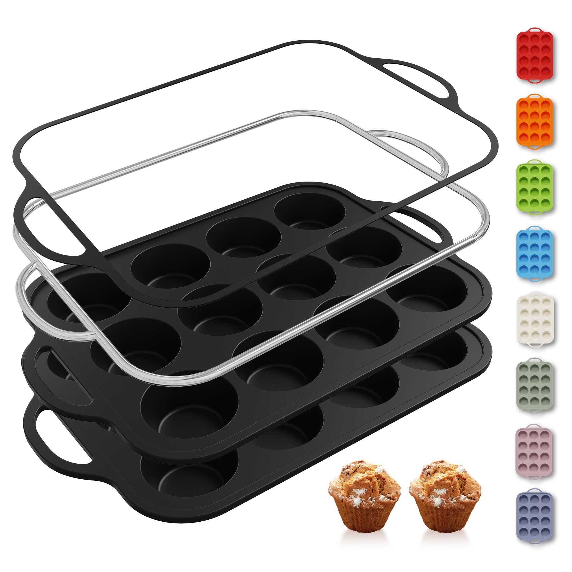 2 Packs 12 Cups Silicone Muffin Pan with Metal Reinforced Frame Regular Size Cupcake Tray Egg Mold Wedding Day Engaged Engagemen