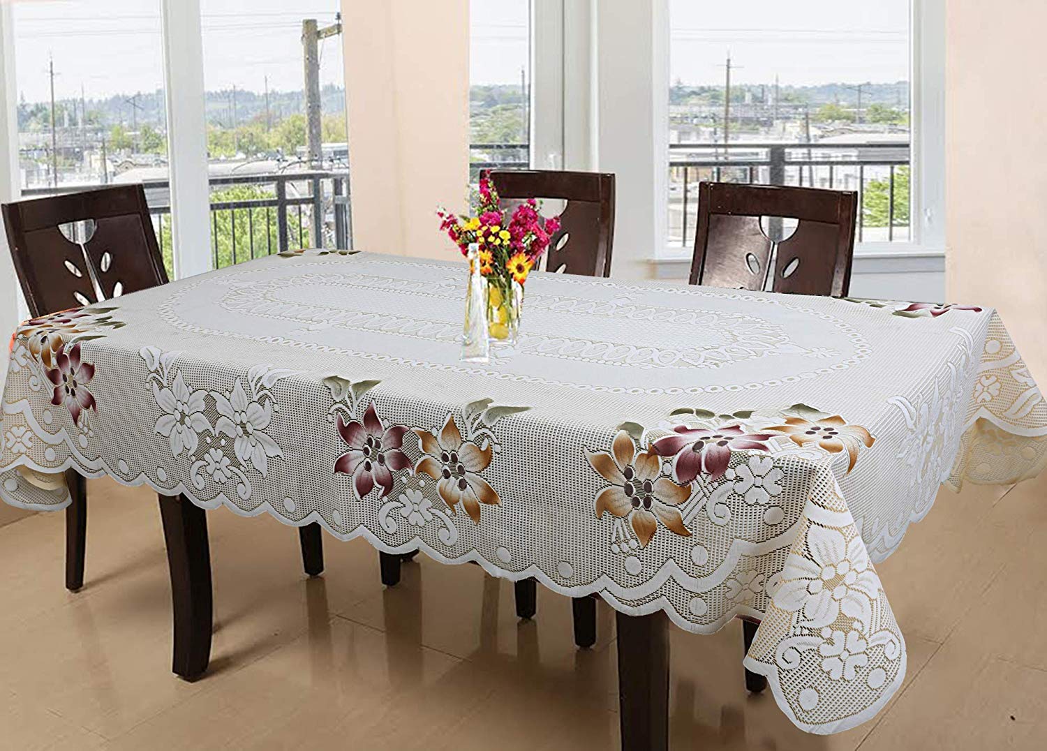 Kuber Industries Floral Cotton 6 Seater Dinning Table Cover - Cream