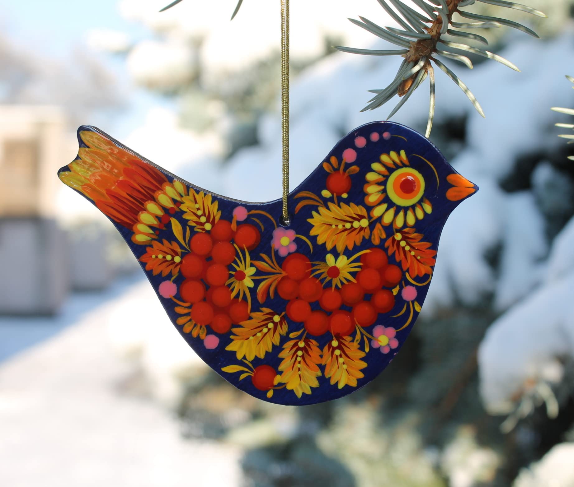 Christmas Tree Bird Ornament 4,3 x 3,3 x 0,2 inch Wooden Beautiful Hand-Painted Both Sides Christmas Tree and Easter Birds Decor