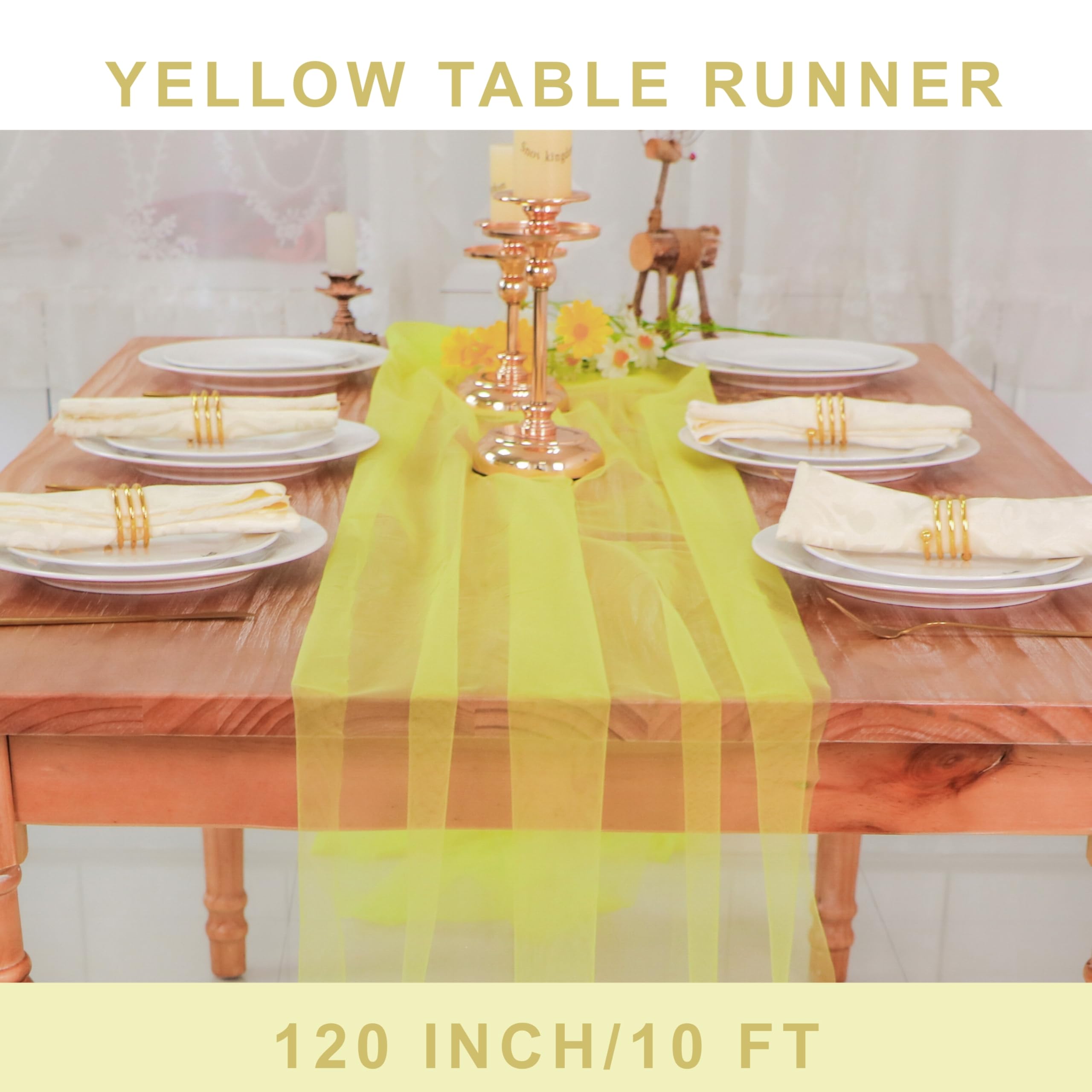 Snowkingdom Fall Yellow Table Runner, 10FT Light Yellow Tulle Gauze Sheer Cheesecloth Thanksgiving Dining Table Decorations, Boh