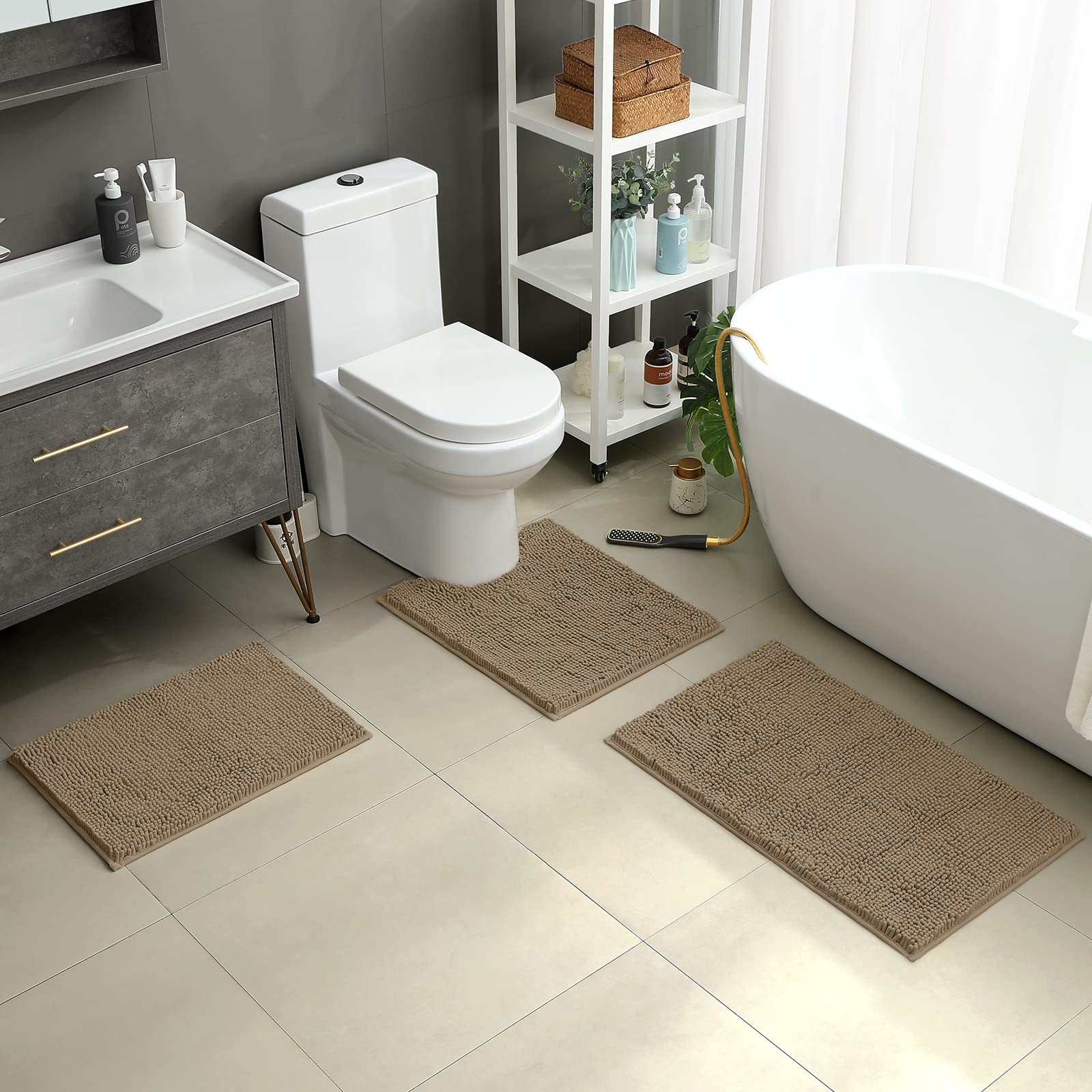 HOMEIDEAS 3 Pieces Bathroom Rugs  Ultra Soft Non Slip Absorbent Chenille Toilet Bath Mat Set (Taupe)