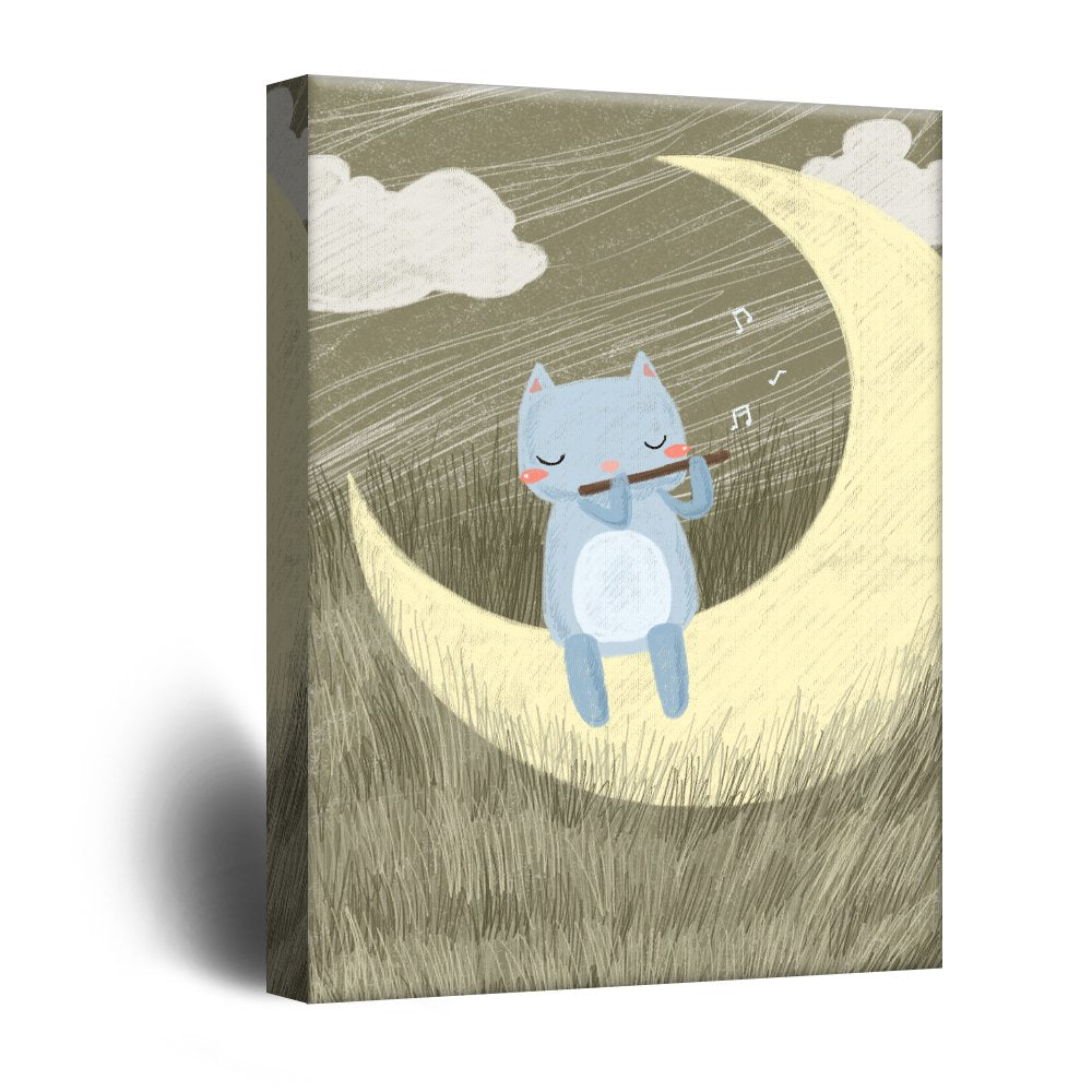 Wall26 Cute Cartoon Animals Canvas Wall Art - A Cat Playing Flute On The Crescent Moon - Giclee Print Gallery Wrap Kid'S Room Wa