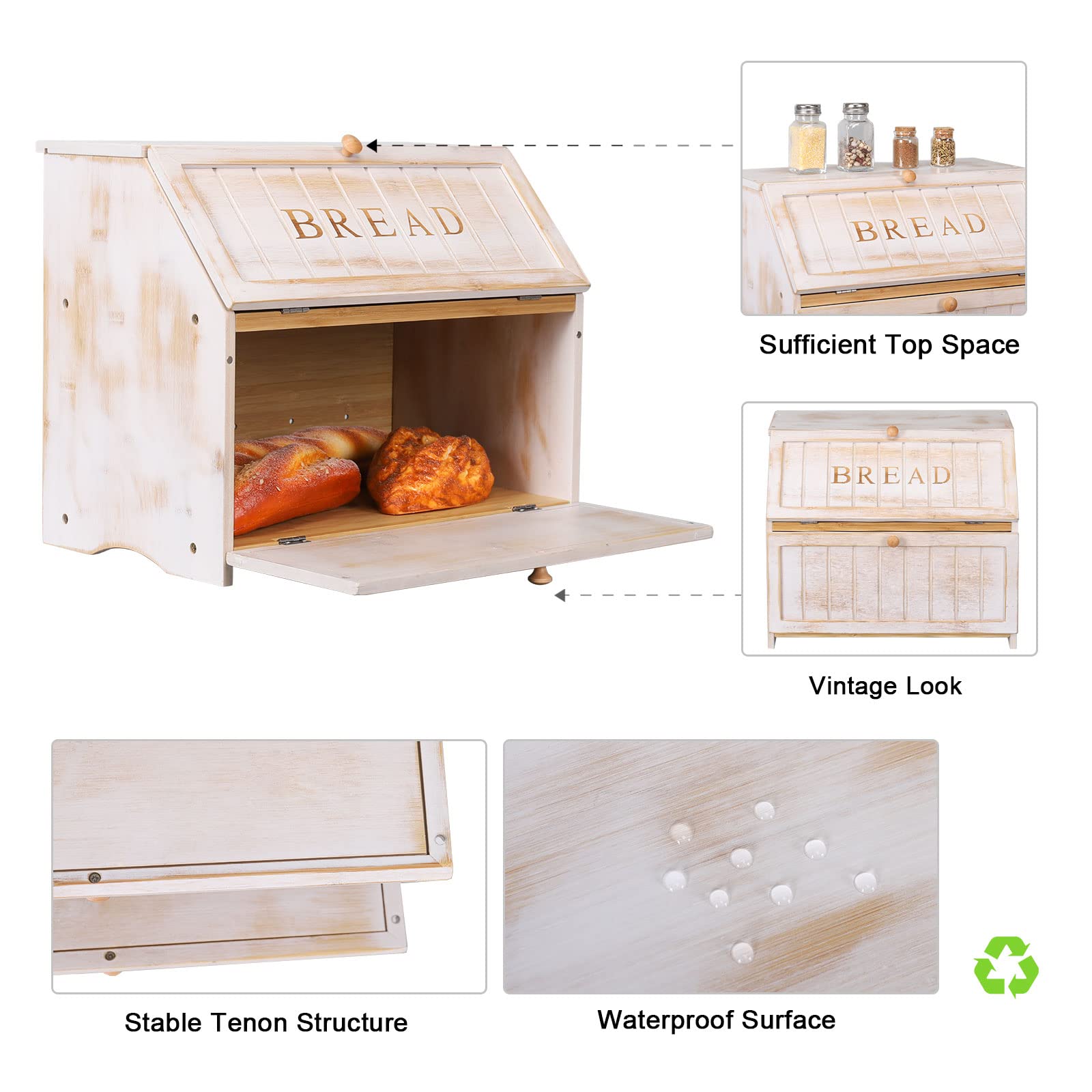 Homekoko Vintage Double Layer Large Bread Box For Kitchen Counter, Retro Design Vintage Wooden Large Capacity Bread Storage Bin