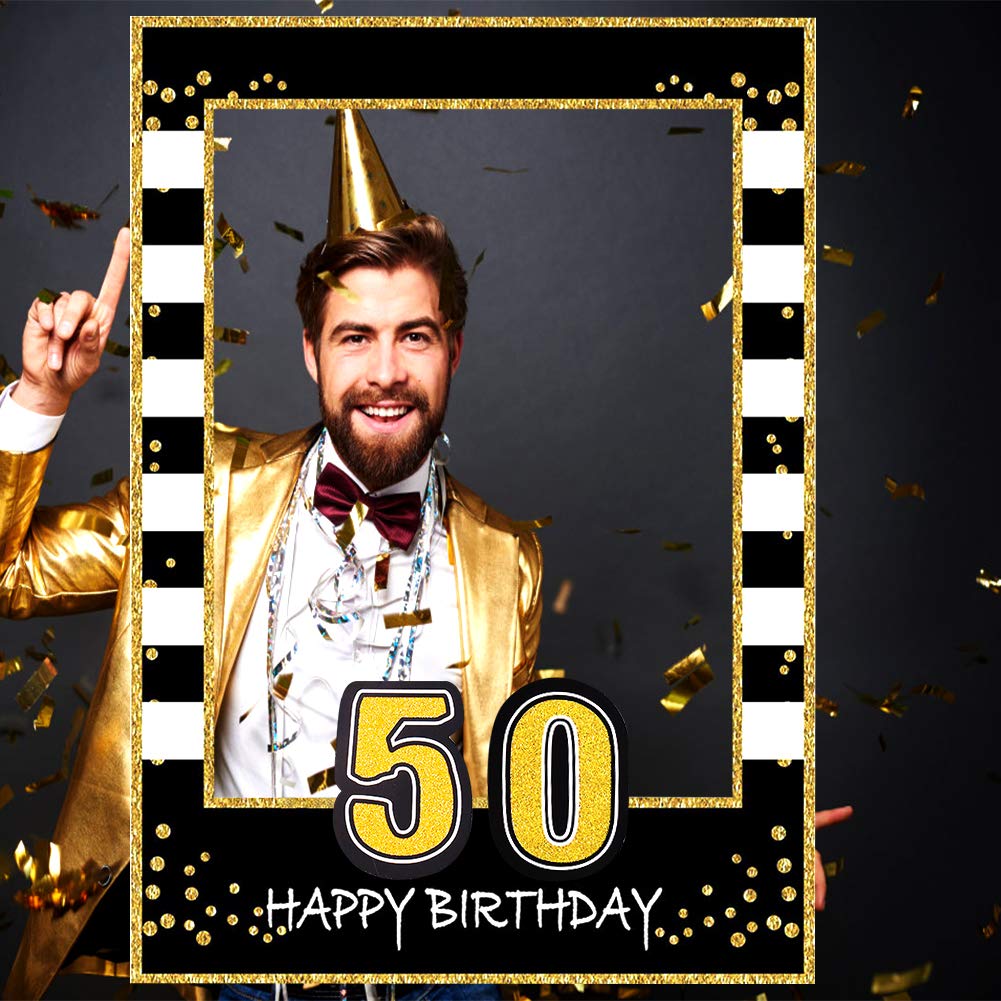 Glittery 50Th Birthday Selfie Photo Booth Frame Black And Gold Birthday Party Photo Props - Upgraded Version With Support Cardbo