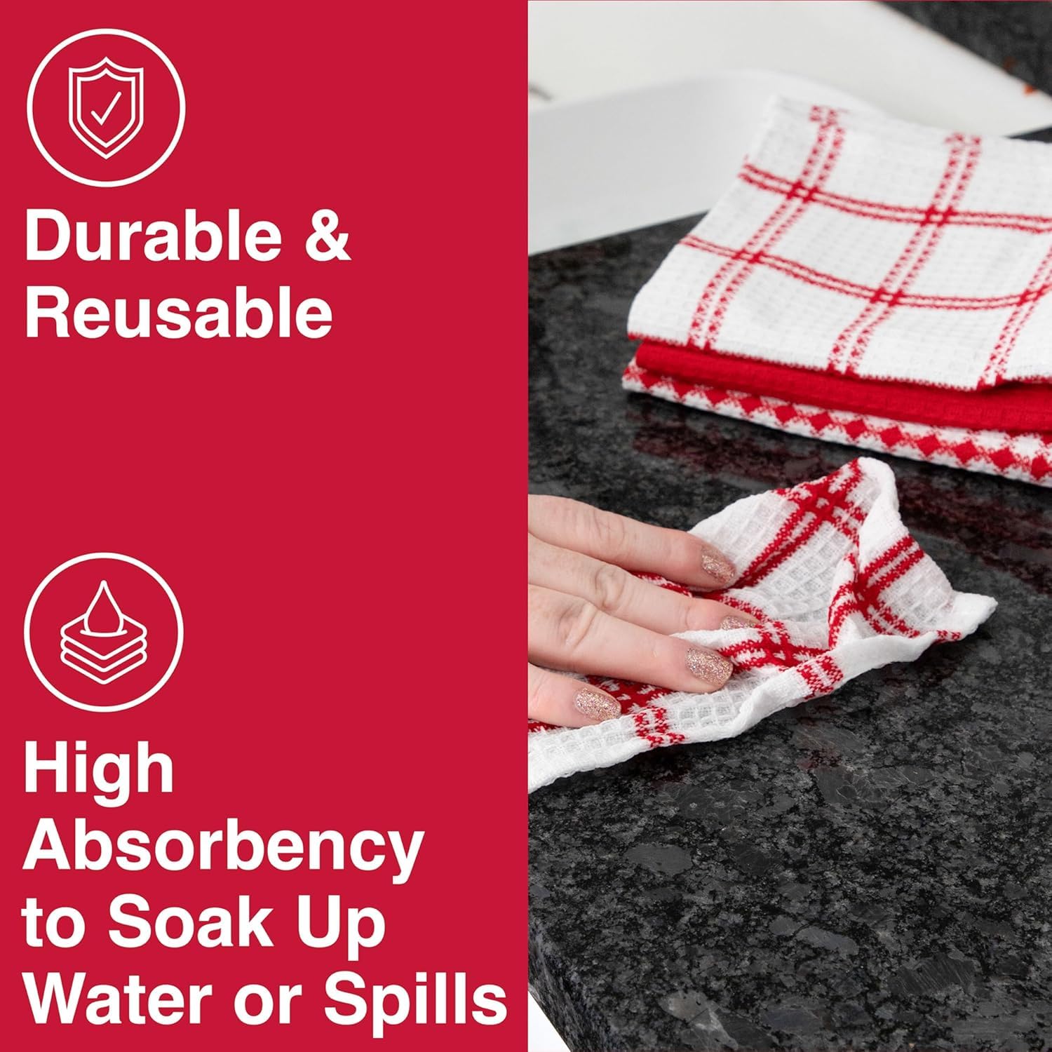 T-fal Premium Waffle Dish Cloths (4-Pack)  12''x13'' Highly Absorbent  Super Soft Long Lasting 100% Cotton Flat Waffle Dish Towel for Washing Dishes  Red