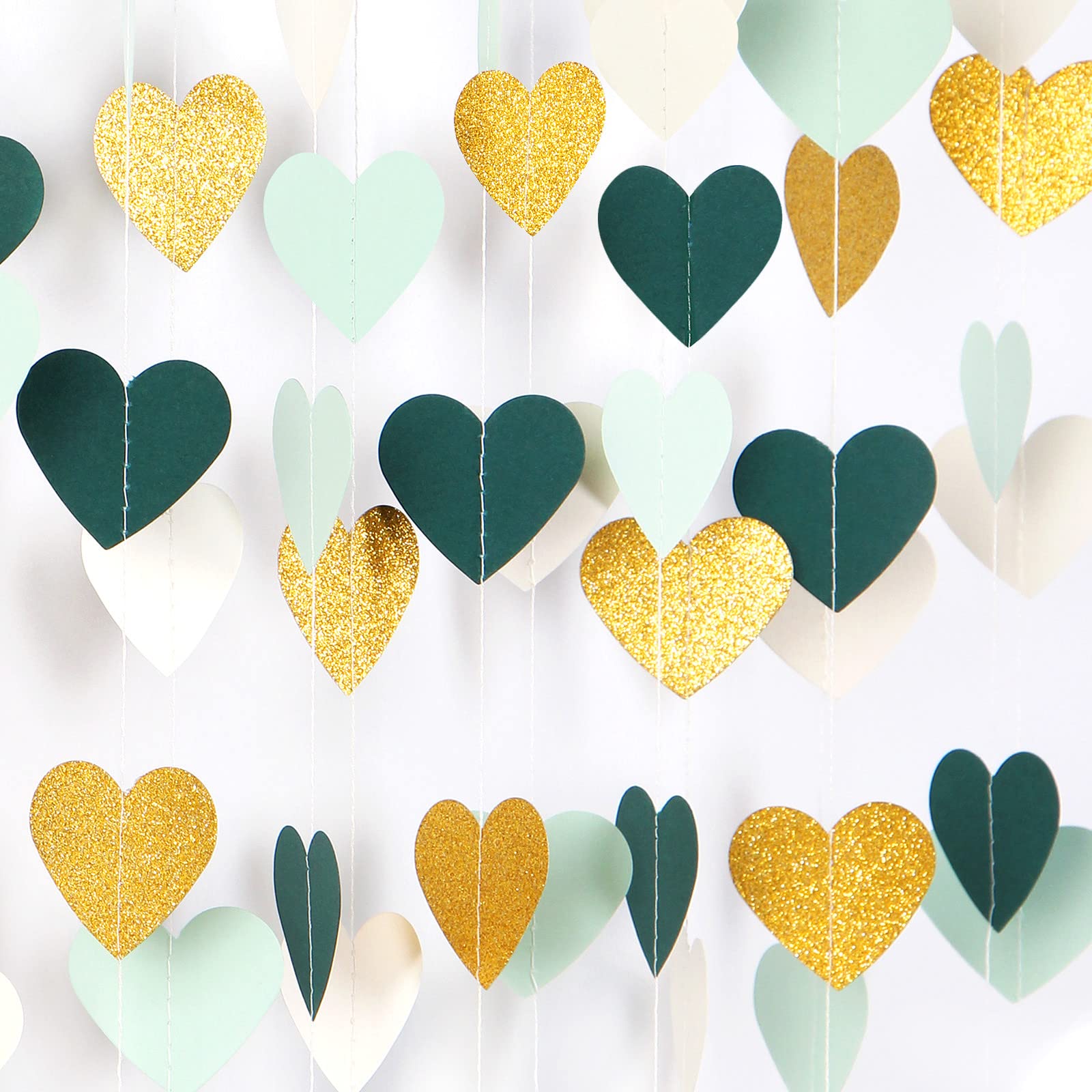 Sage-Green Mint Beige-Gold Love-Heart Garland - 52Ft Rustic Wedding Hanging Decoration Streamers Banner, Baby Safari Birthday Ba