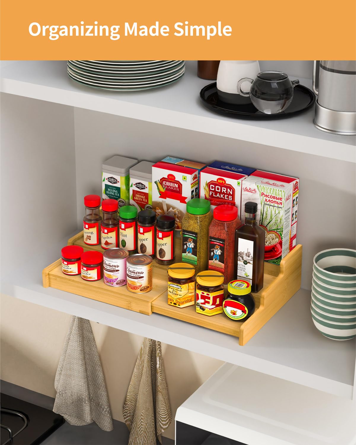 VenDotbi Spice Rack Organizer, 3 Tier Expandable Bamboo Spice Rack Organizer, Great for Kitchen Cabinet, Cupboard, Pantry and Mo