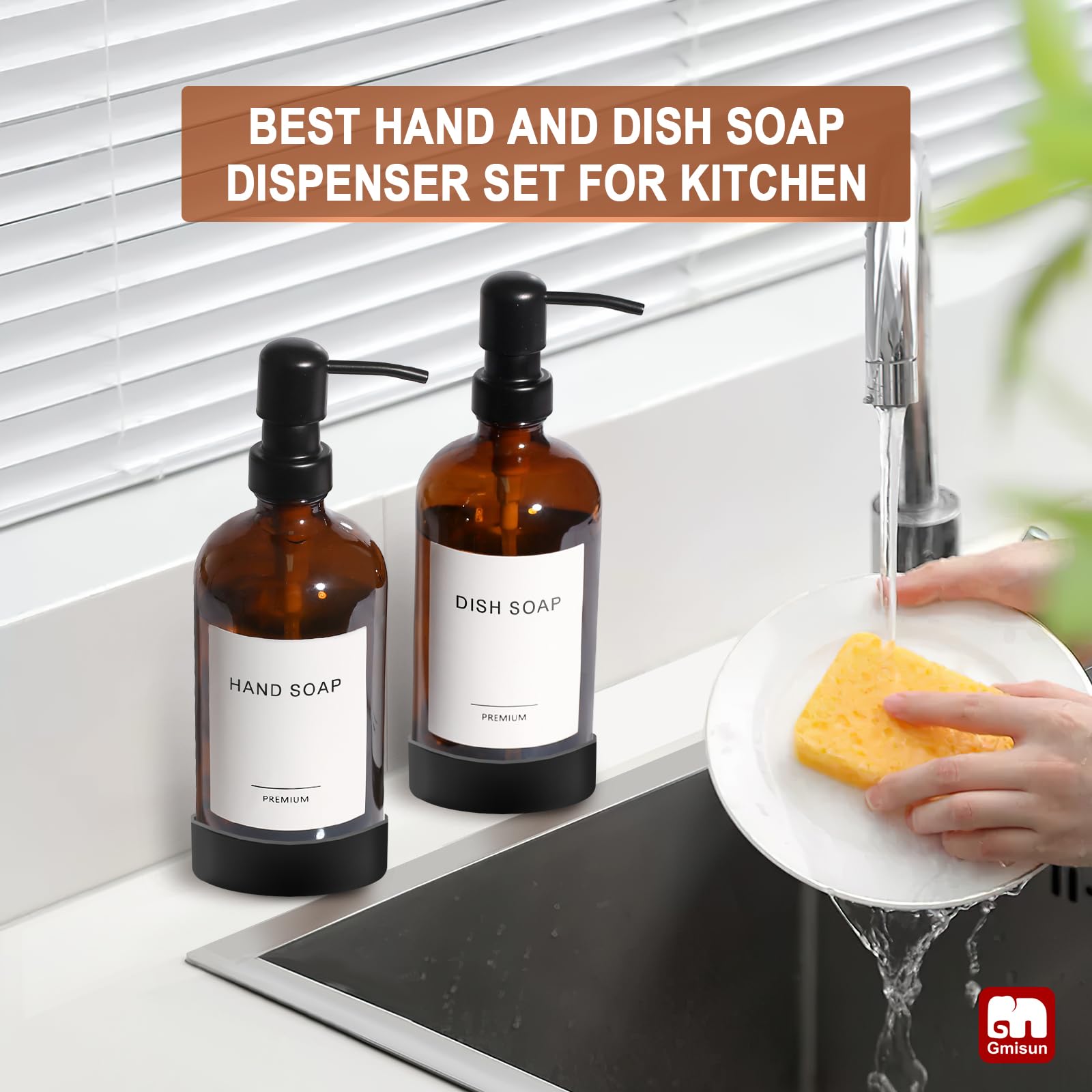 Gmisun Amber Glass Soap Dispenser With Silicone Sleeve, 2 Pack Bathroom Hand Soap Dispenser With Stainless Steel Pump, 16Oz Kitc