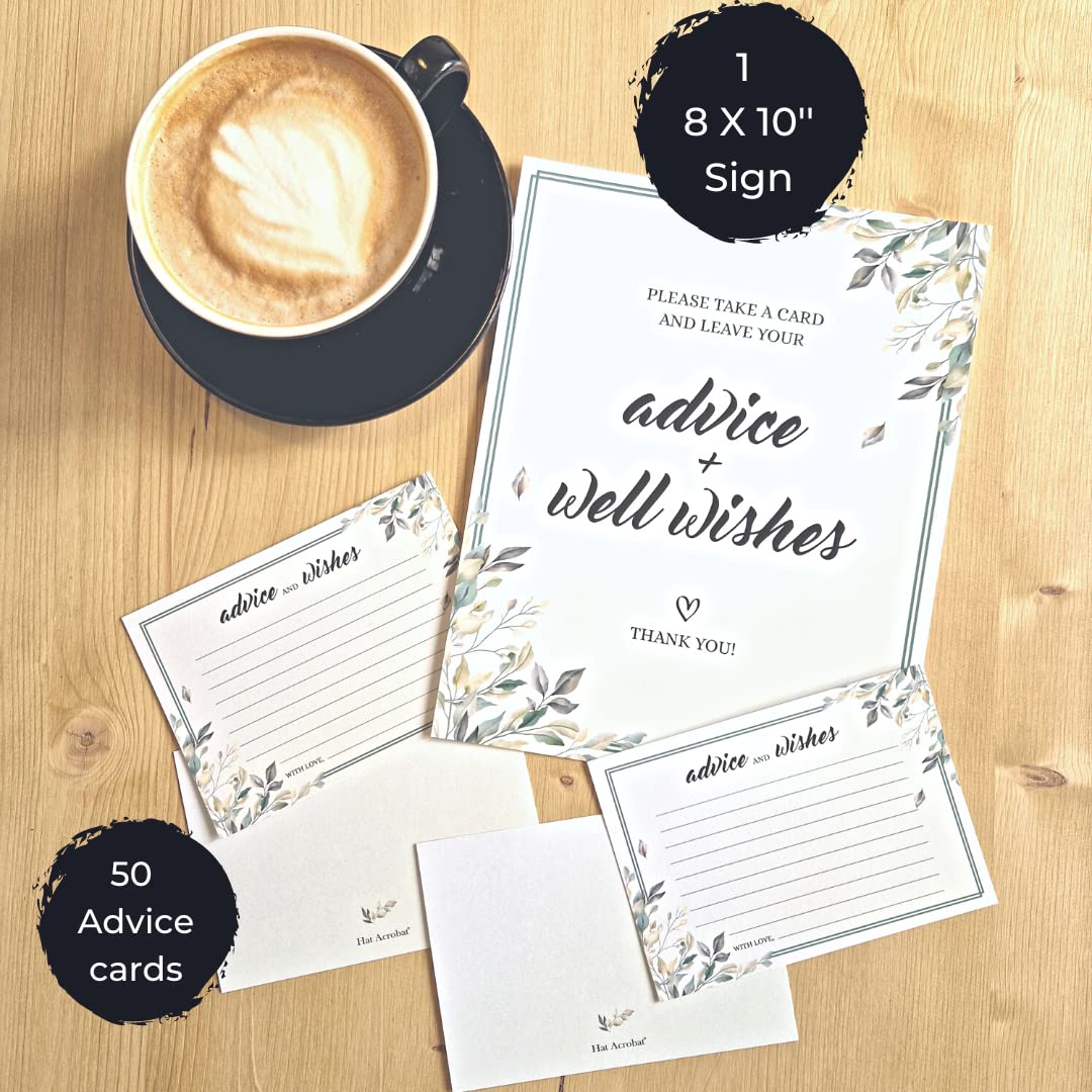50 Greenery Advice And Well Wishes Cards With 8X10 Sign - Advice Cards For Bridal Shower, Suitable As Wedding Advice Cards, Advi